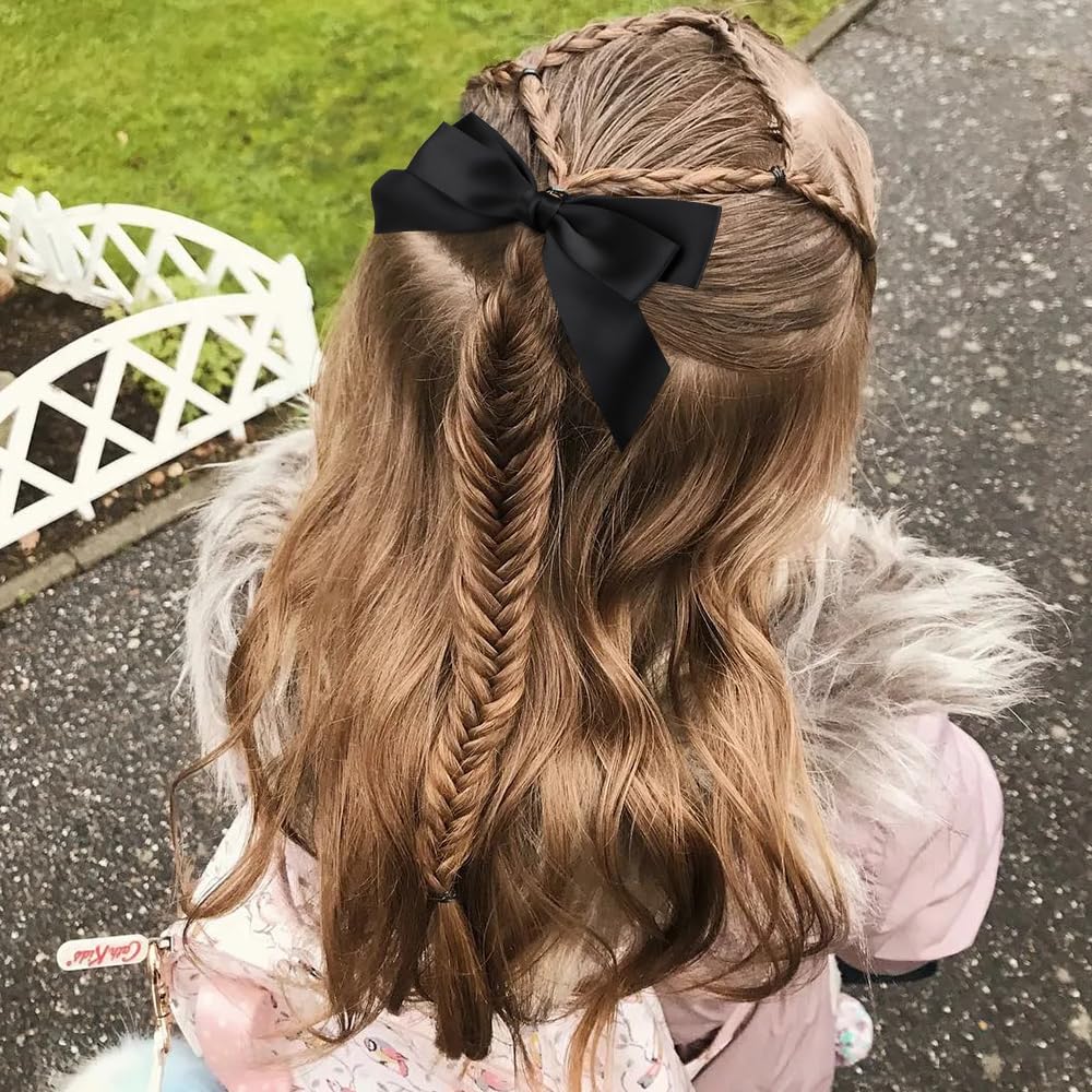 Atoden Black Hair Accessories: 4 Pcs Silky Satin Oversized Bowknot Ribbons With Long Tails And Alligator Metal Clips - Cute Gift