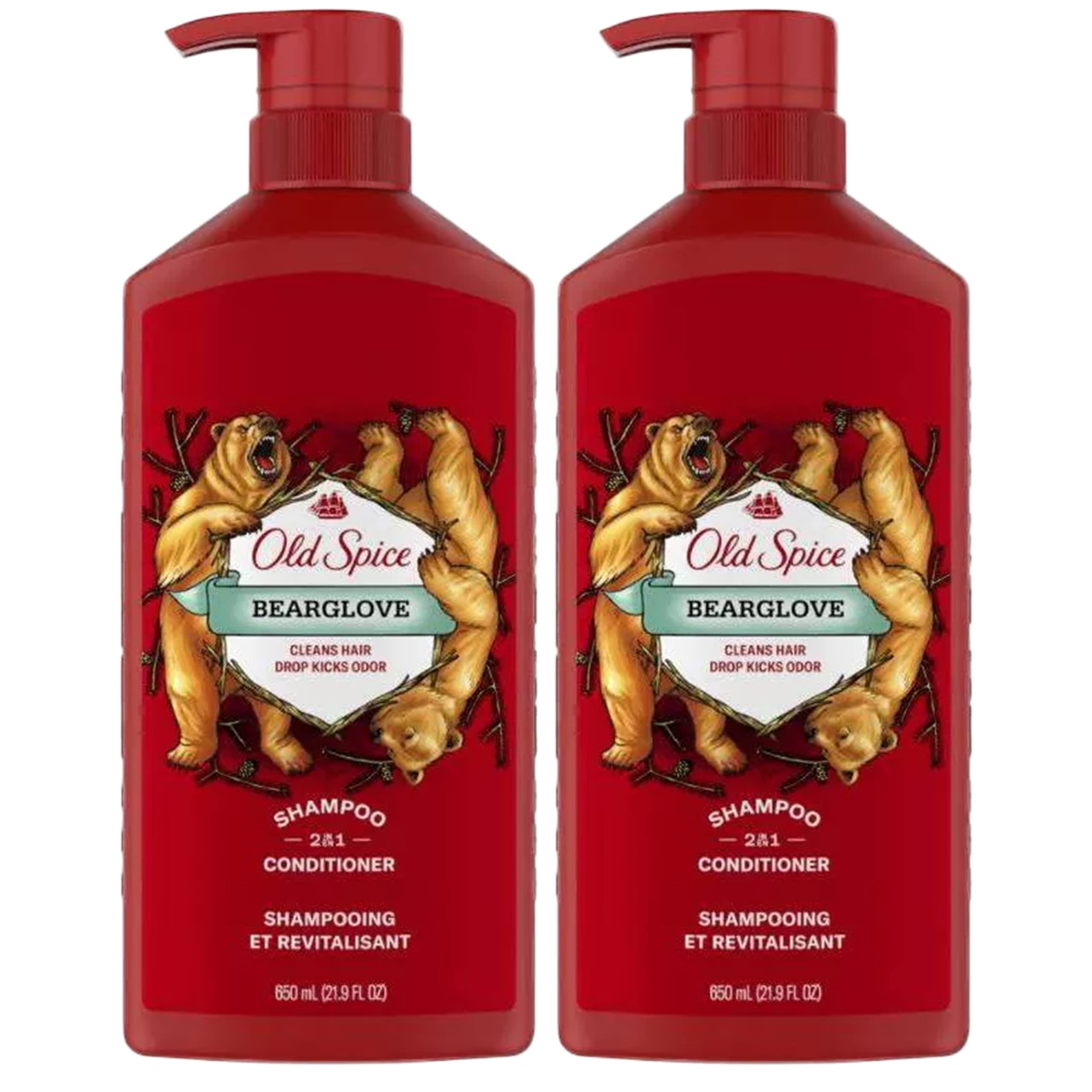 Old Spice 2 in 1 Shampoo and Conditioner for Men, Bearglove Scent, 21.9 Ounce Pump Bottle (Pack of 2)