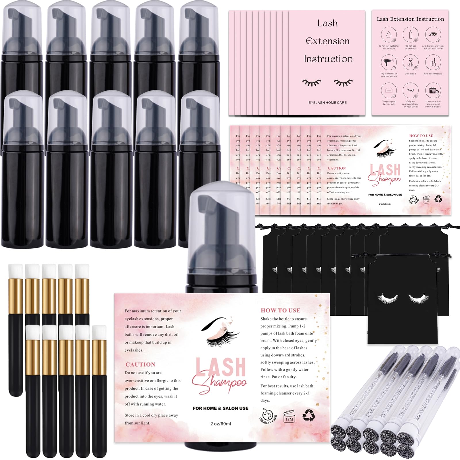 60Pcs Lash Shampoo Bottles And Brushes Set, 10Pcs Foam Pump Dispenser, 10Pcs Nose Pore Deep Cleaning Brush, 10Pcs Eyelash Extens