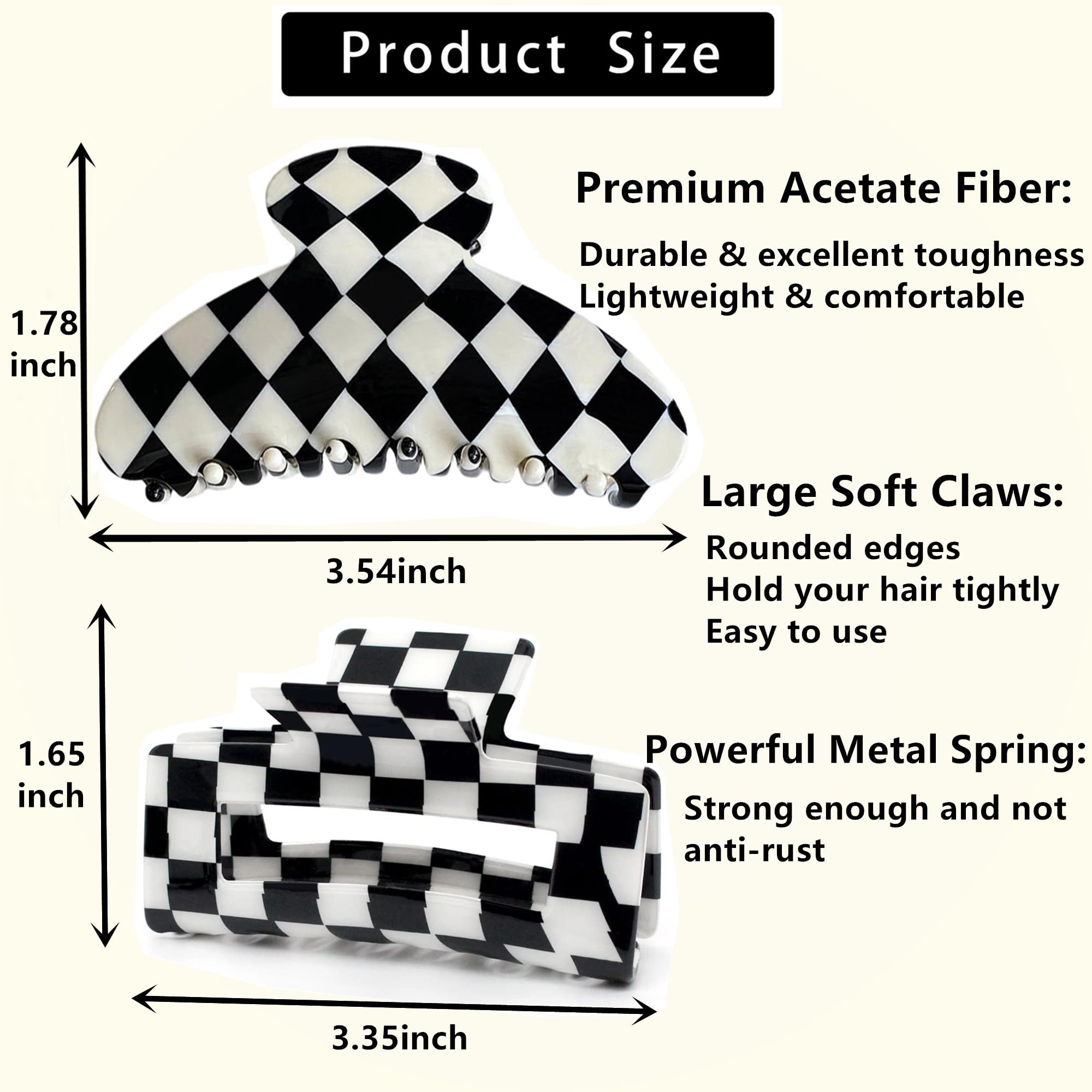 Womens Checkered Hair Clip Large Checkered Claw Clips Black And White Jaw Clip,2Pack