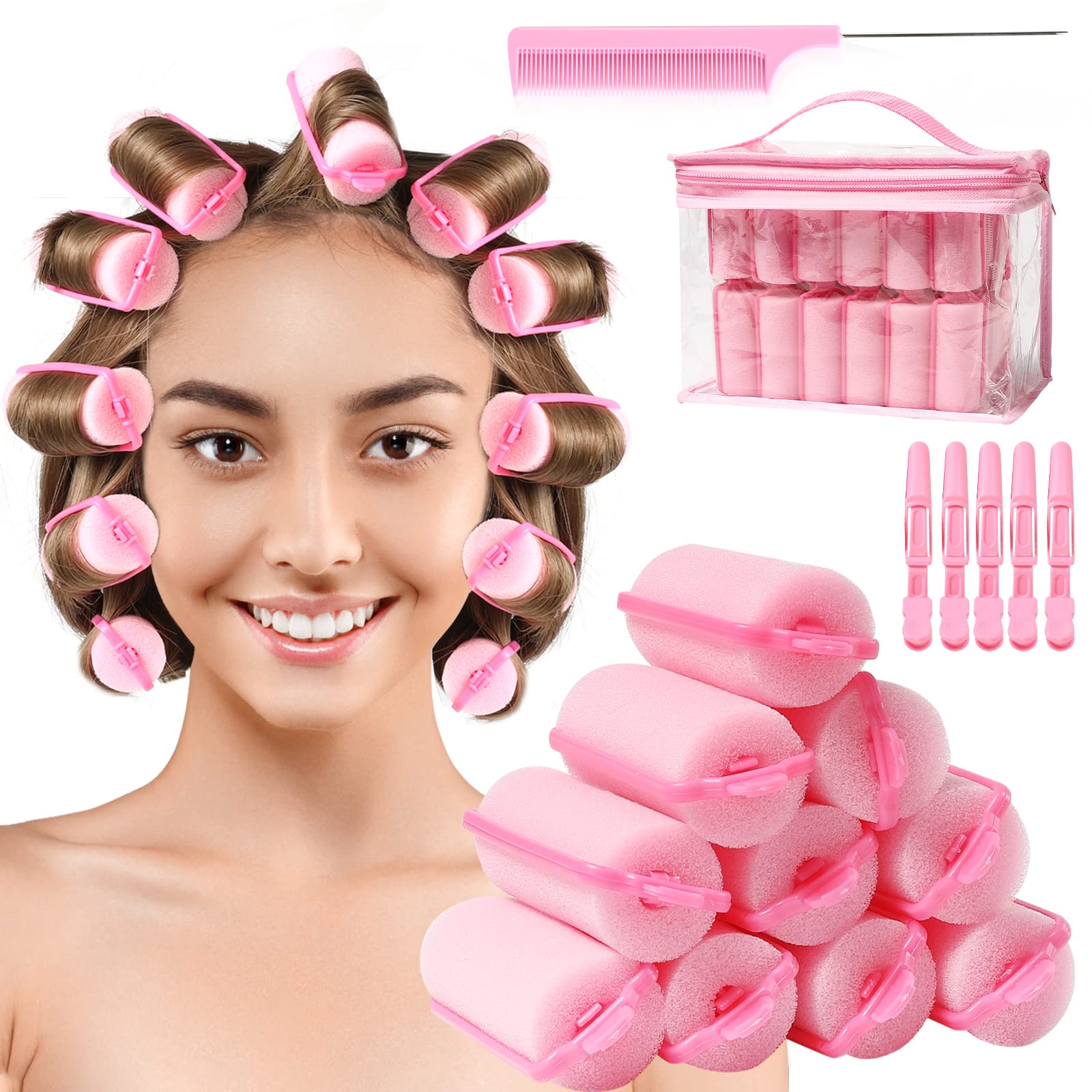 Sponge Foam Hair Rollers for Sleeping - Flexible Curlers with Tail Comb and Hairclips for Hairdressing (60 Pieces, Pink)