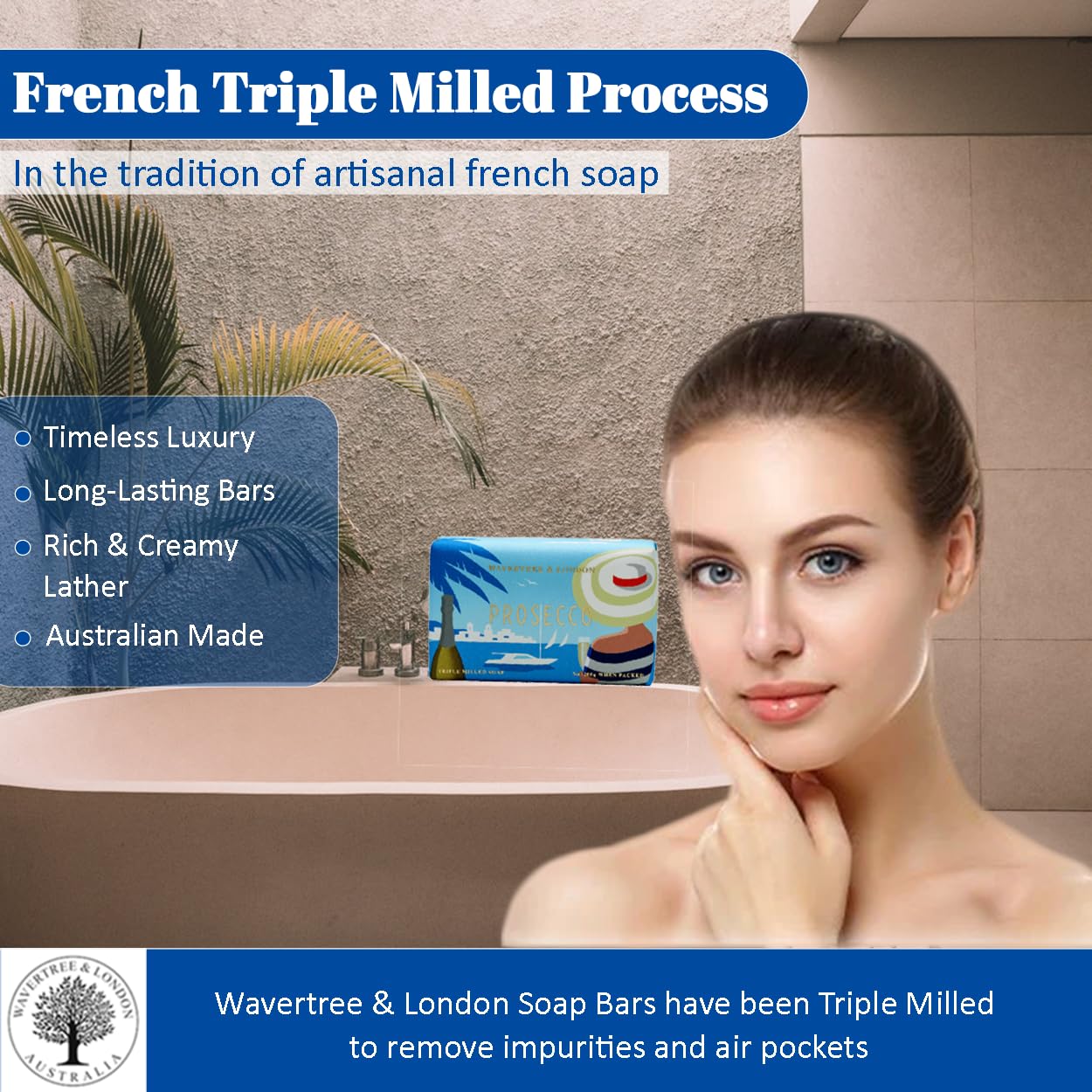 Wavertree & London Prosecco Scented Natural Soap (2 Bars), 7Oz Moisturizing French Triple Milled Soap Bars Enriched With Shea Bu