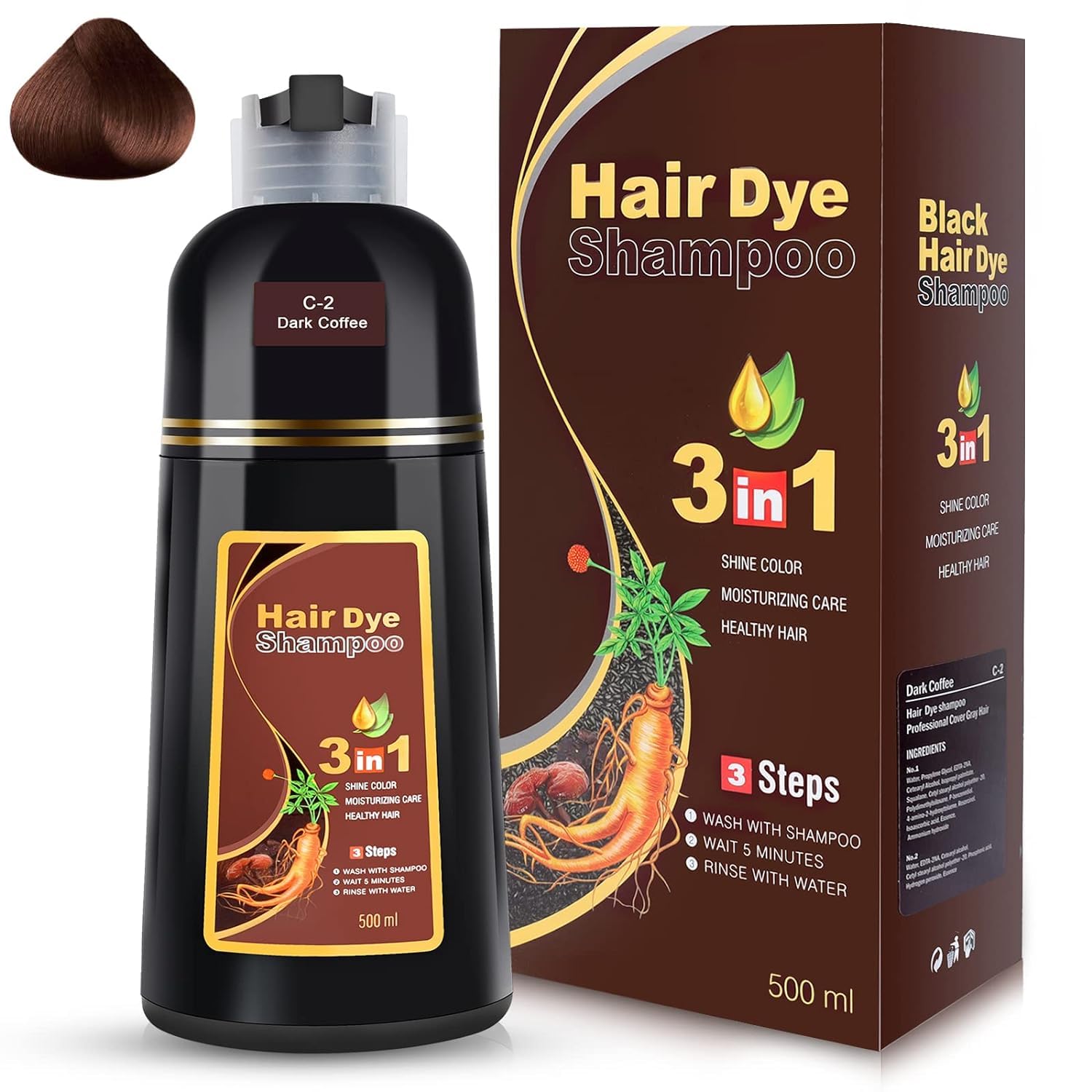 MEIDU Hair Dye Shampoo 3 in 1 Dark Brown for Gray Hair Coverage, Instant Hair Color Shampoo Natural Plant Herbal Hair Dye Shampo