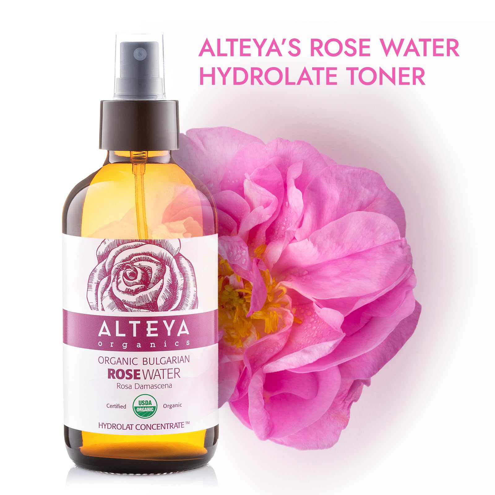 Alteya Organics Rose Water Usda Certified Organic Facial Toner, 8 Fl Oz/240Ml Pure Bulgarian Rosa Damascena Flower Water, Award-