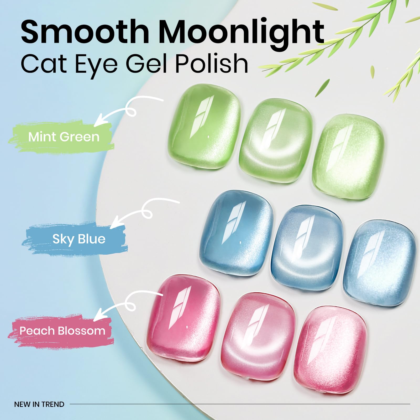 Mizhse Cat Eye Gel Nail Polish Ceramic Moonlight Magnetic Gel Polish With Magnet Stick, Crystal Glass Blue Spring Colors Smoothi