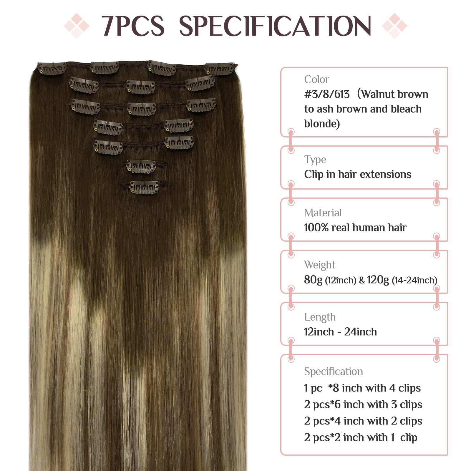 Clip In Hair Extensions Real Human Hair, 7Pcs 120G Walnut Brown To Ash Brown And Bleach Blonde 22 Inch, Maxita Real Hair Extensi