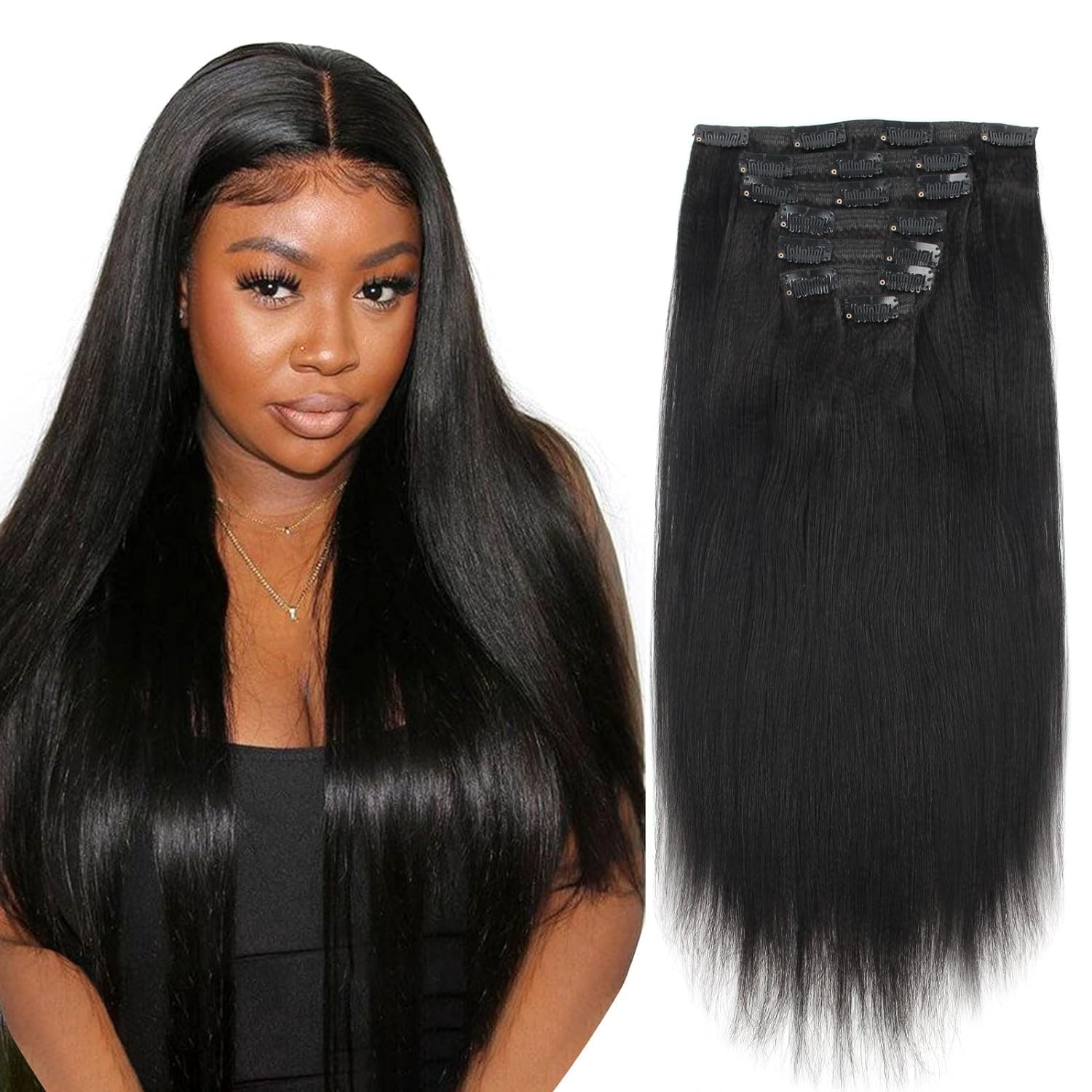 ABH AMAZINGBEAUTY HAIR Real Remy Thick Yaki Straight Clip Ins Black Hair Extensions for African American Relaxed Hair 7 Pieces P