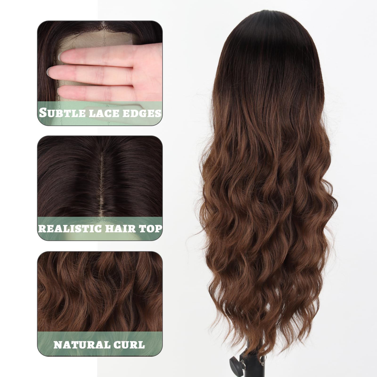 Werd Long Ombre Brown Wavy Wig For Women 26 Inch Middle Part Brown Curly Wavy Wig Natural Looking Synthetic Black To Brown Wig F
