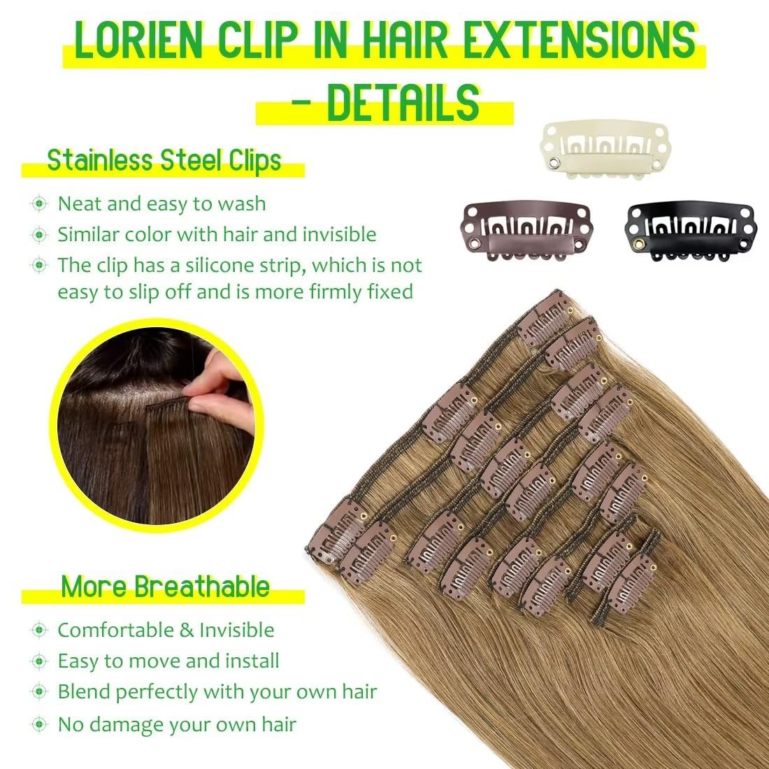Lorien Clip In Hair Extensions Real Human Hair, 18 Inch 100G, 6 Medium Brown, Clip In 100% Brazilian Remy Human Hair Extensions