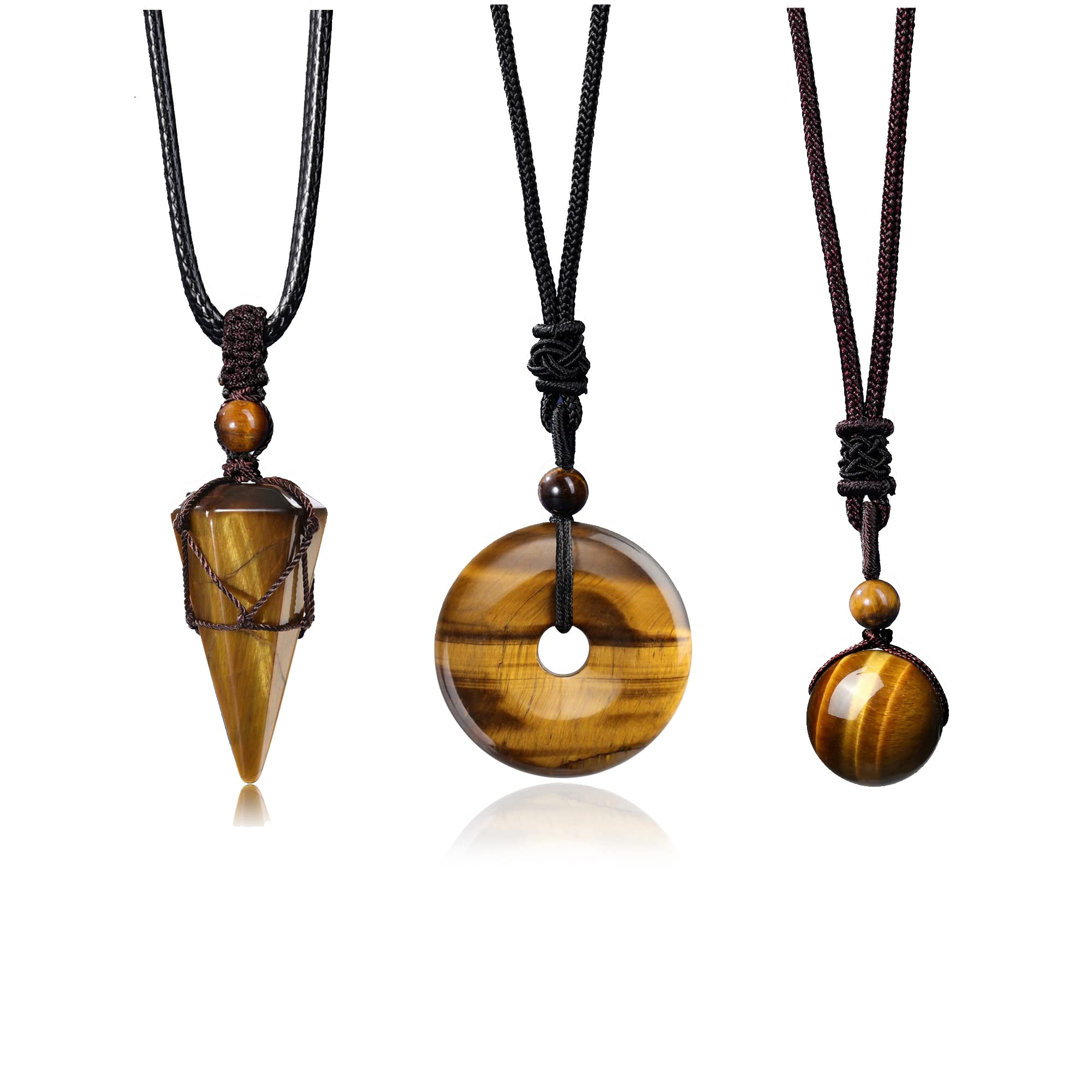 Jovivi 3 Pcs Tiger Eye Crystal Stone Necklaces Set for Men Women Natural Healing Gemstone Hexagonal Bead Donut Necklace Adjustab