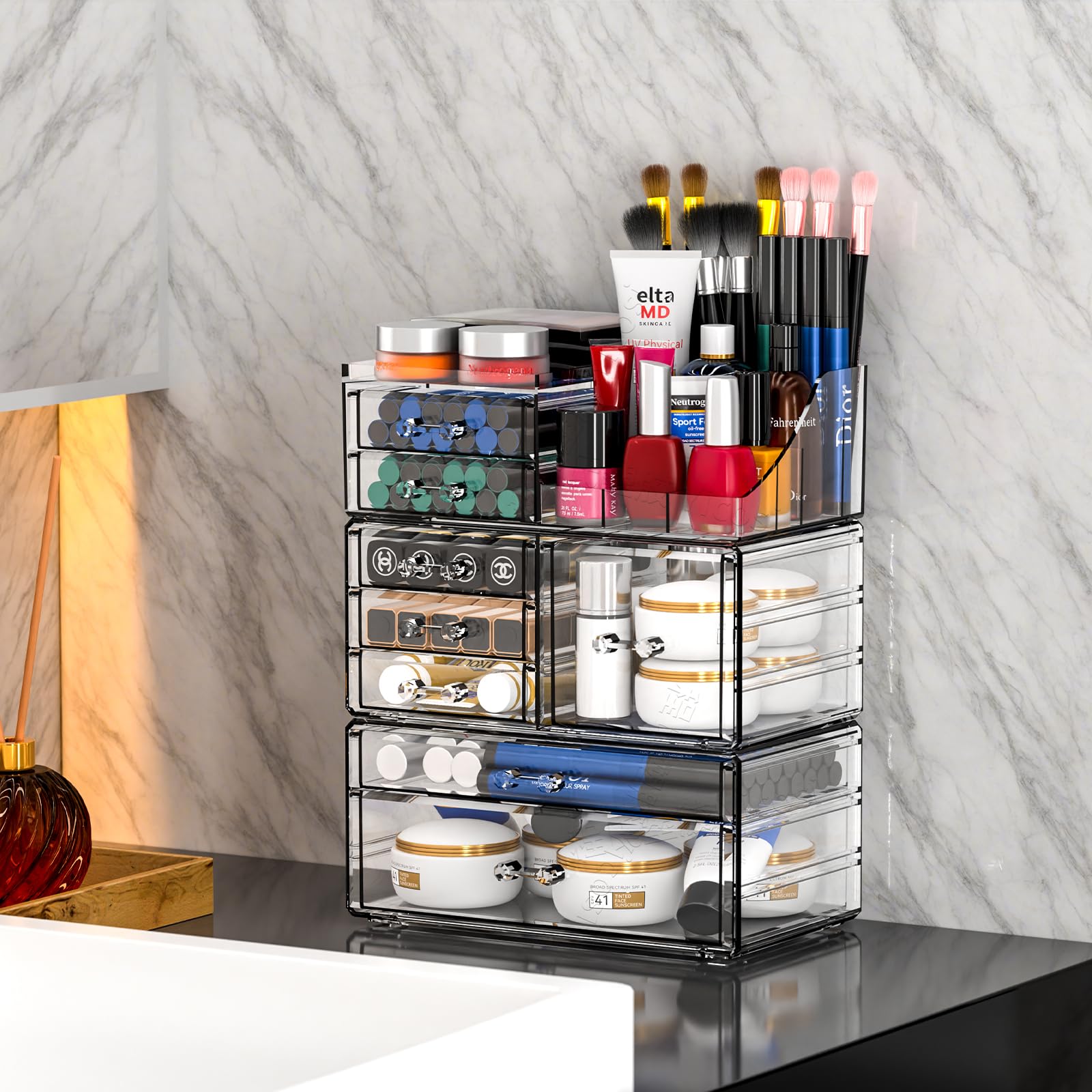 Cq Acrylic 3 Pack Clear Make Up Organizers For Vanity,Stackable 8 Drawers Skincare Organizer,Cosmetic Storage Organizer For Jewe