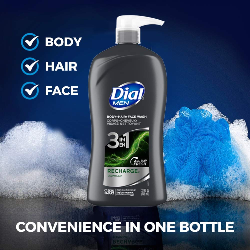 Dial Men 3In1 Body, Hair And Face Wash, Recharge, 32 Fl Oz