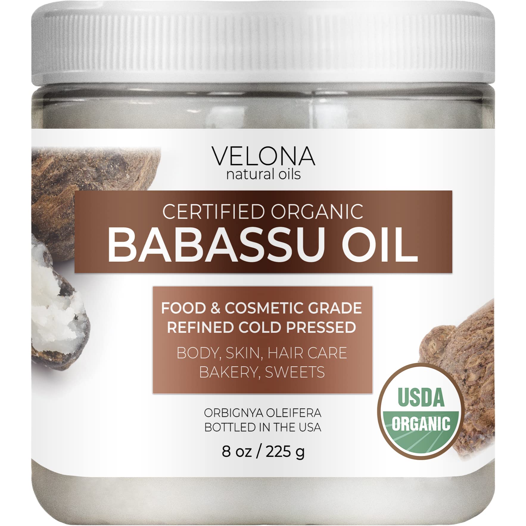 velona Babassu Oil USDA Certified Organic - 8 oz | 100% Pure and Natural Carrier Oil | Refined, Cold Pressed | Face, Hair, Body 