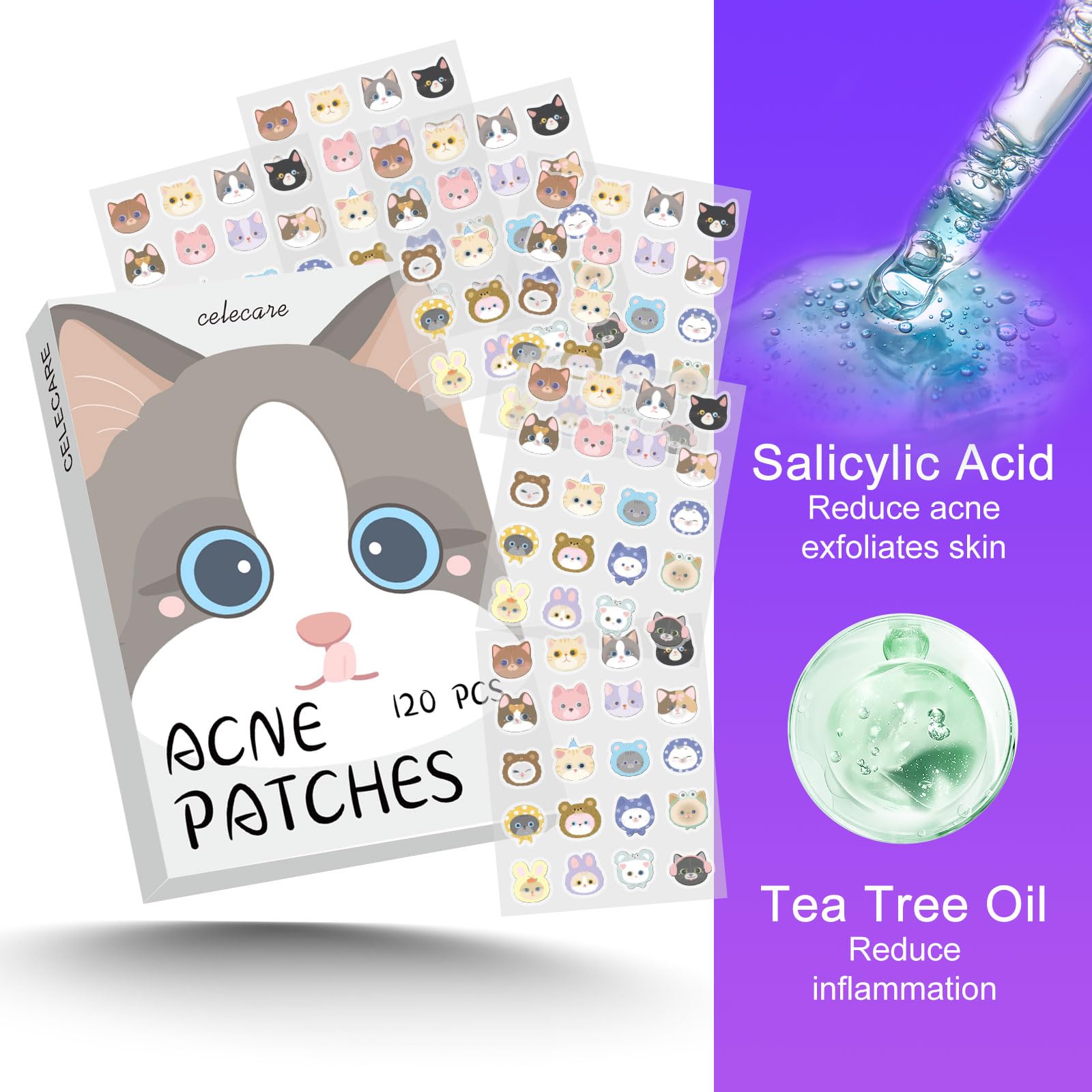 Celecare,Pimple Patches,Acne Patches,Pimple Patches For Face, Cute Stickers,Salicylic Acid & Tea Tree, 120 Hydrocolloid Dots In