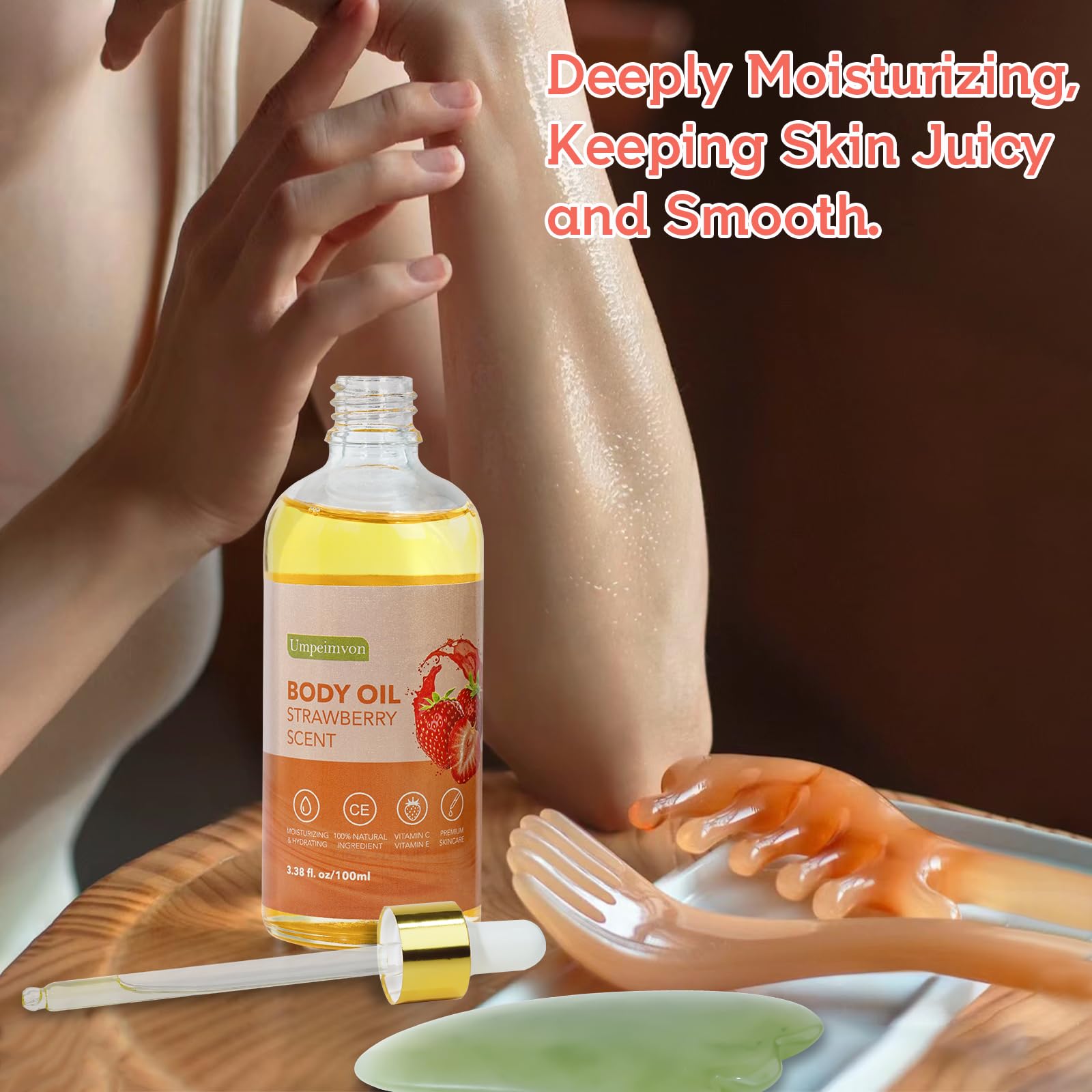 Umpeimvon 2 Pack 3.38 Fl.Oz Strawberry Body Oil After Shower, Vitamin C & E Gua Sha Body Oils Scented Body Oils For Women, Dry B