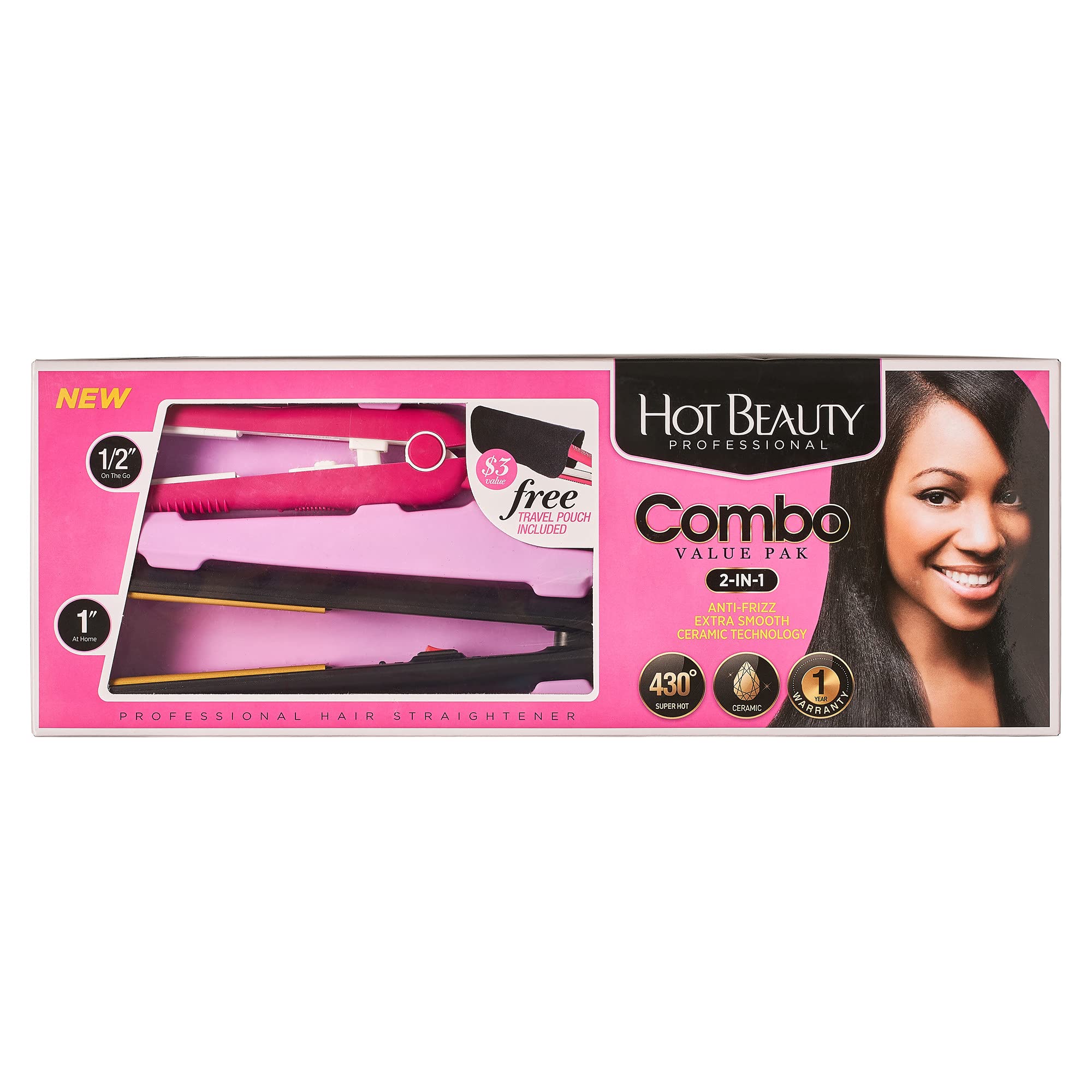 Hot Beauty Ceramic High Heat Level Flat Irons 2-in-1 Value Pack 1 and Mini 1/2 with Free Travel Pouch