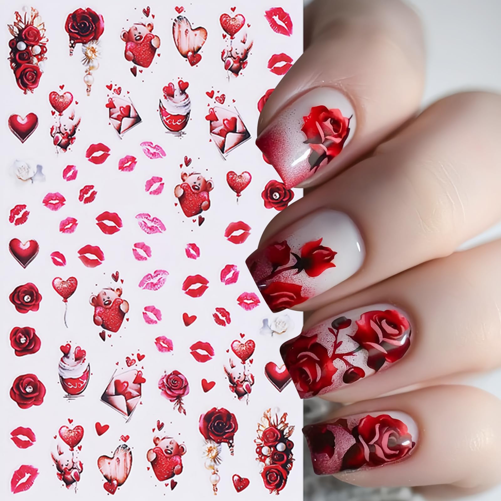 Valentine'S Day Colorful Heart Nail Stickers 3D Self-Adhesive Nail Decals Sexy Lips Flower Nail Supplies Red Rose Flower Cute Ca