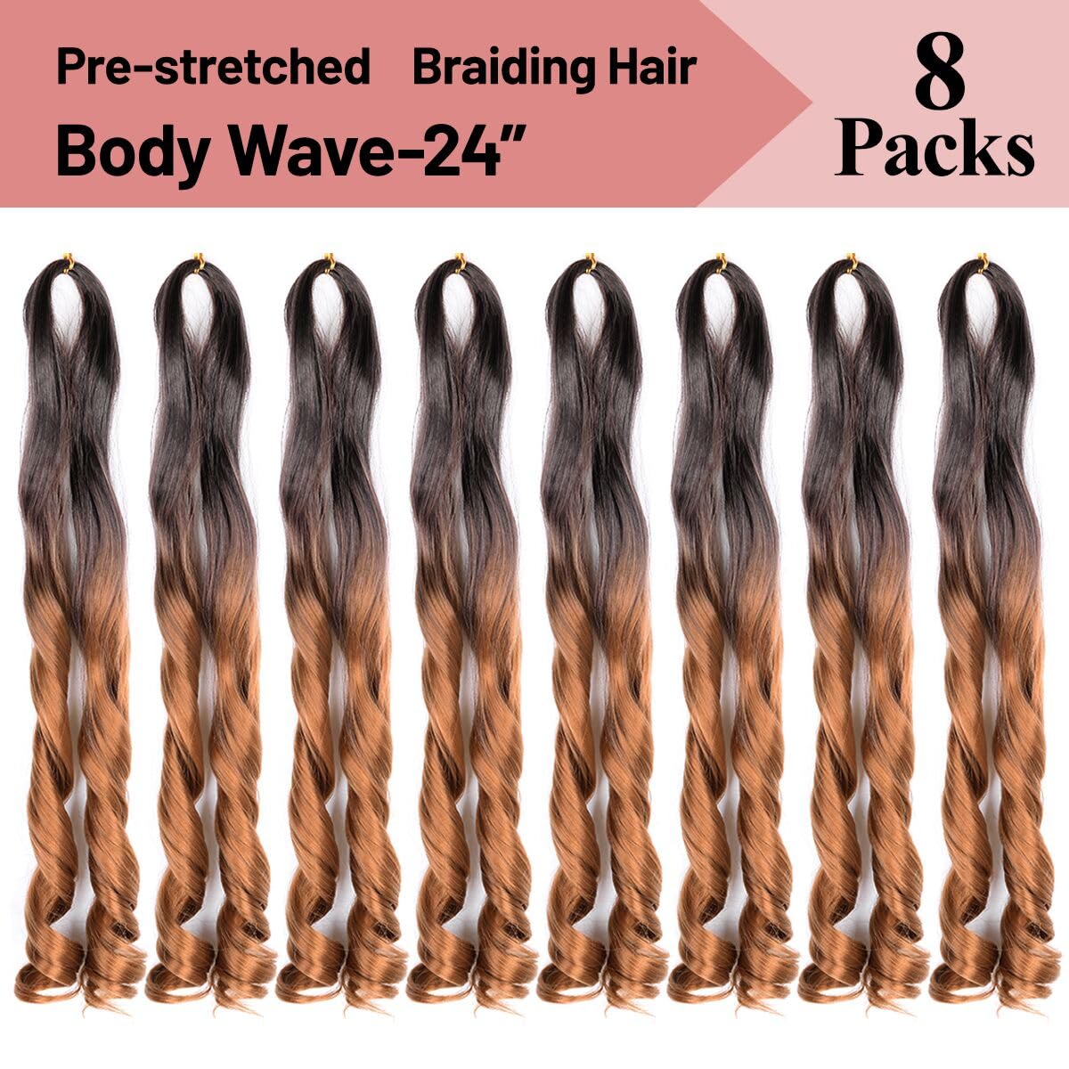 Luoyudu French Curly Braiding Hair,24 Inch #T4/30 Loose Wavy 8 Pack Bouncy French Curl Braiding Hair Extensions 75g/Pack Synthet