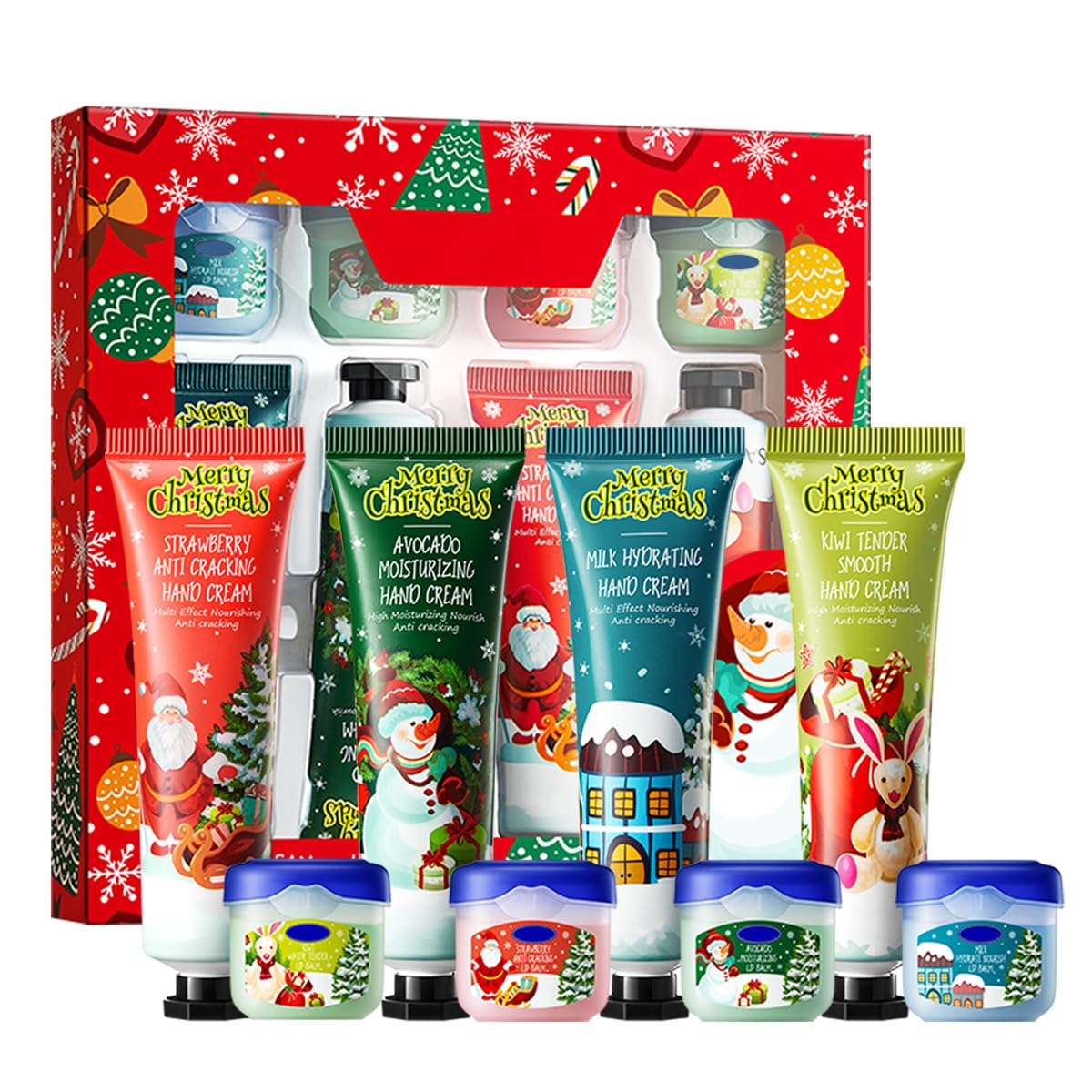 8 Pcs Moisturizing Hand Lotions and Lip Balms, Christmas Hand Lotion Lip Balm Gifts Set, Deep Moisturizing Lip Mask, Christmas S