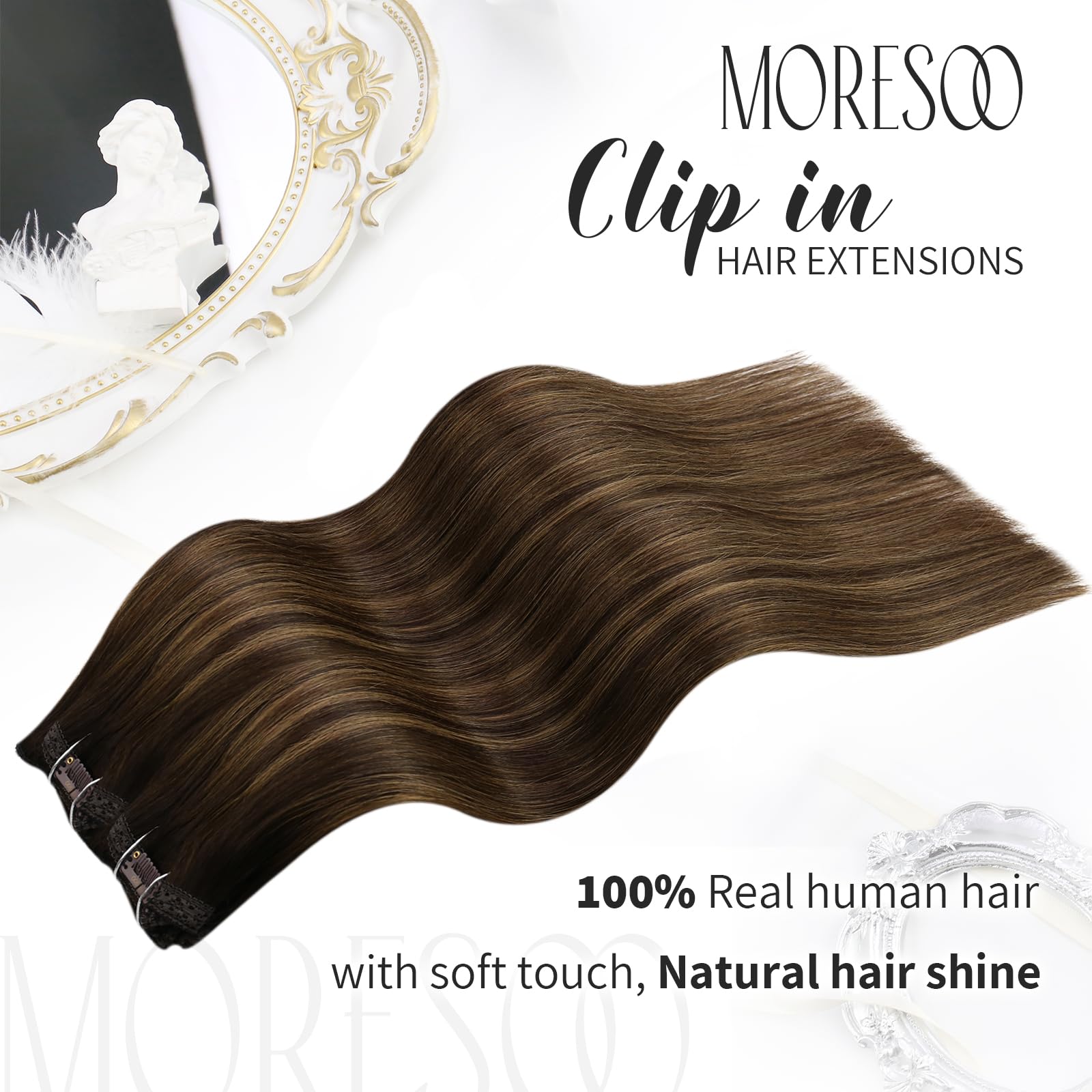 Moresoo Clip On Hair Extensions Human Hair Ombre Clip In Extensions Human Hair Darkest Brown Mixed With Chestnut Brown Balayage