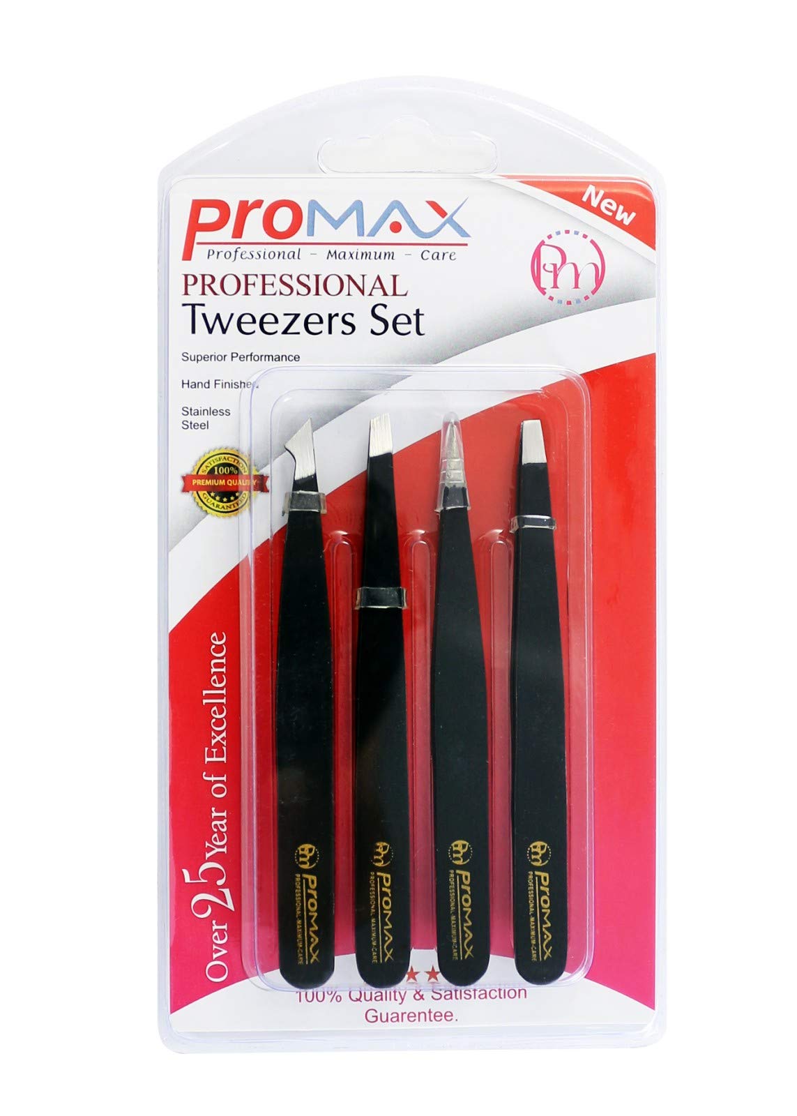 Promax Care Eyebrow 4-Piece Tweezers Set - Stainless Steel Slant Tip And Pointed Eyebrow Tweezer Set - Great Precision For Facia