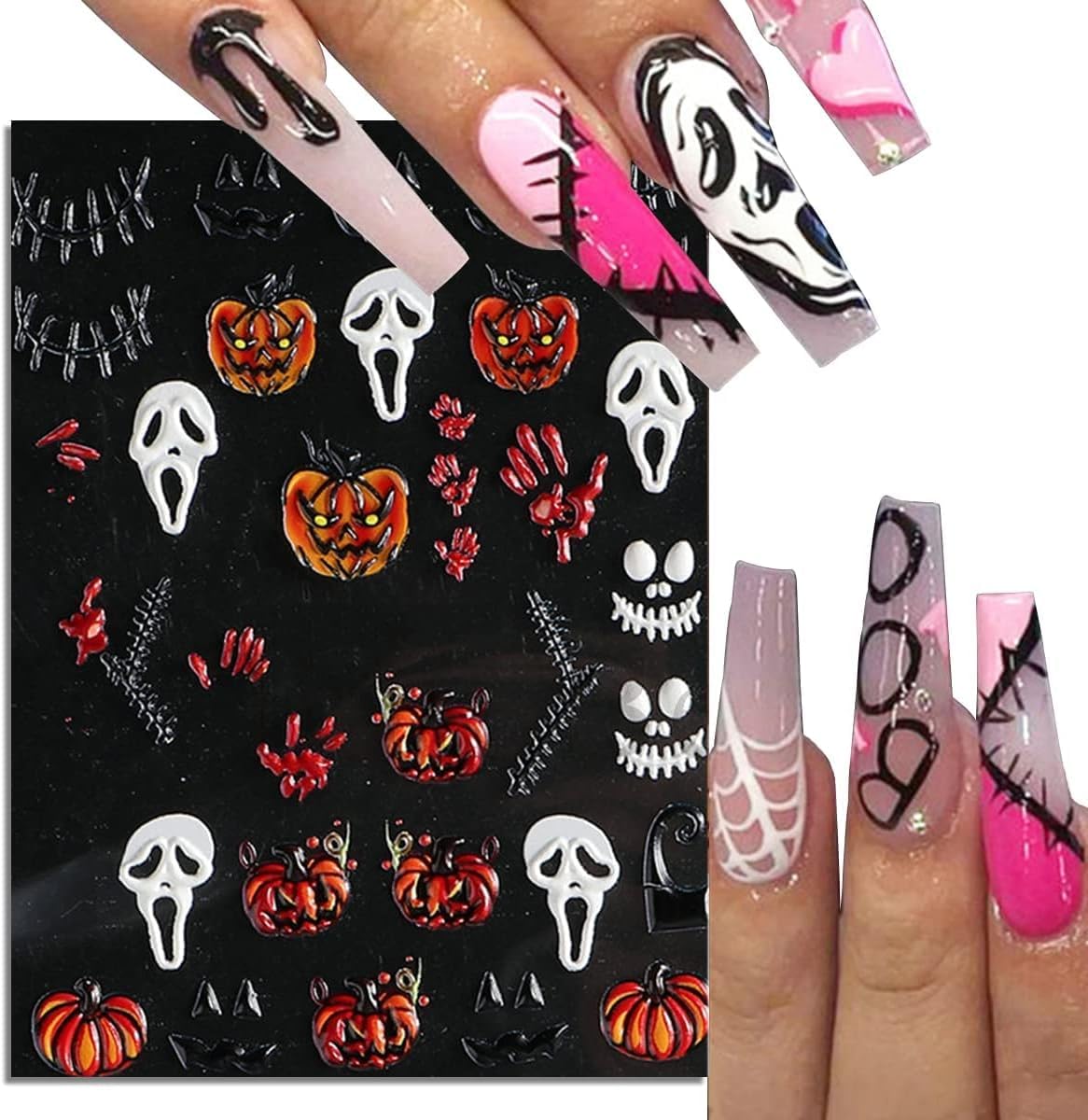 5D Halloween Nail Stickers Acrylic Sticker Realistic Eyes Bone Spider Embossed Halloween Skull Ghost Pumpkin Spider Bat Nail Art