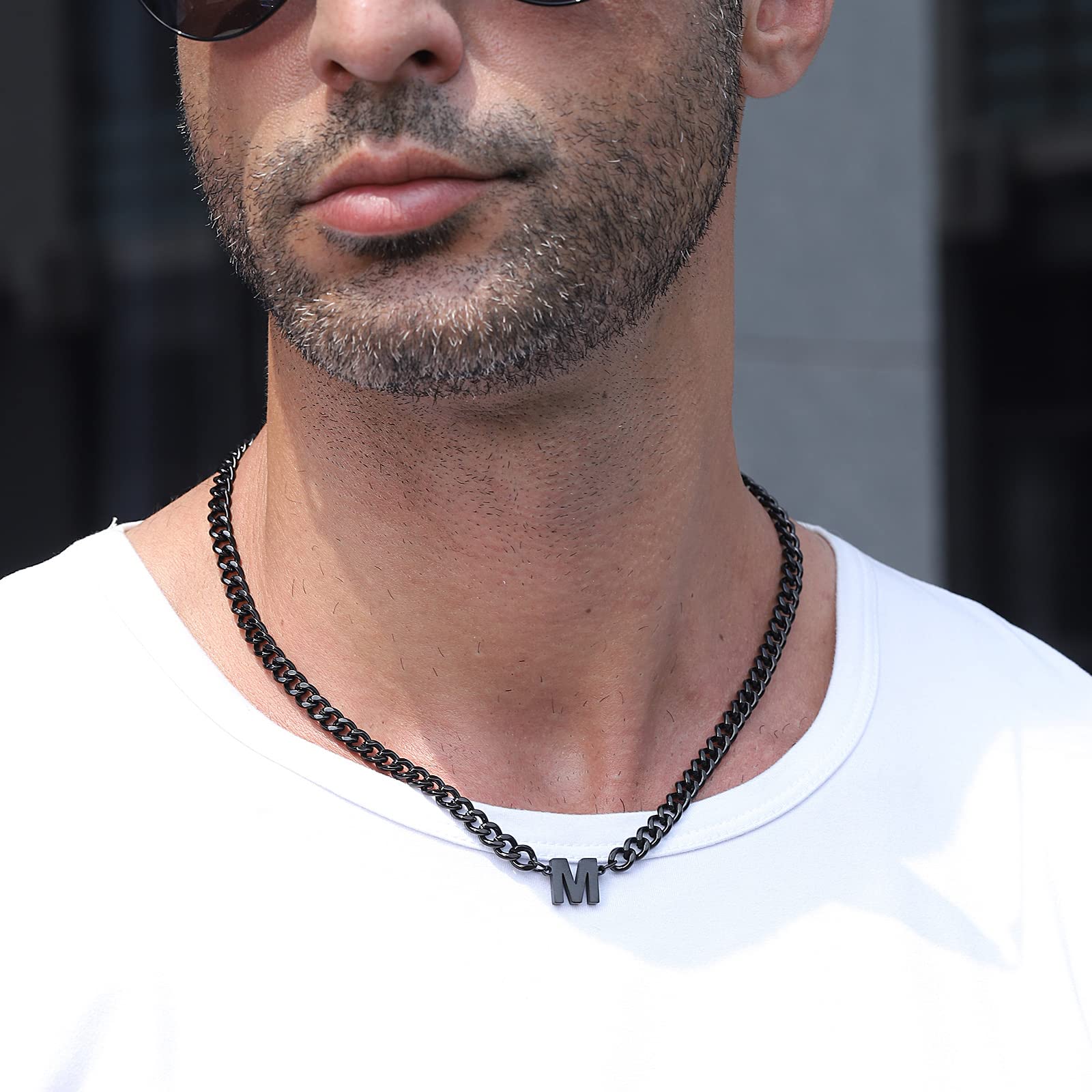 DuoDiner M Letter Necklace Initial Cuban Link Chain for Men Boys Stainless Steel Pendant Gift Black
