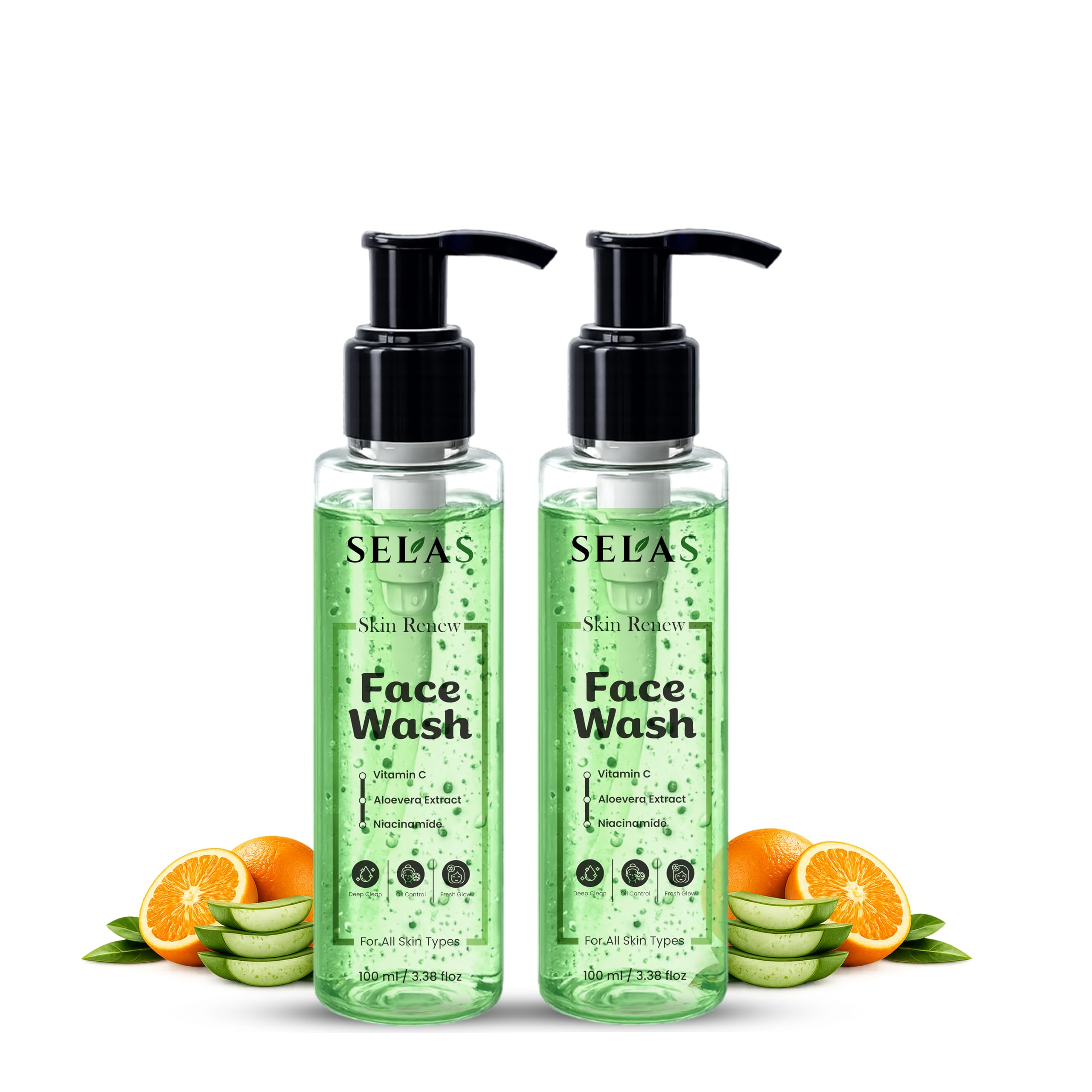 Selas Skin Renew Face Wash With Vitamin C, Aloe Vera Extract And Niacinamide, For All Skin Types, 100 Ml (Pack Of 2)