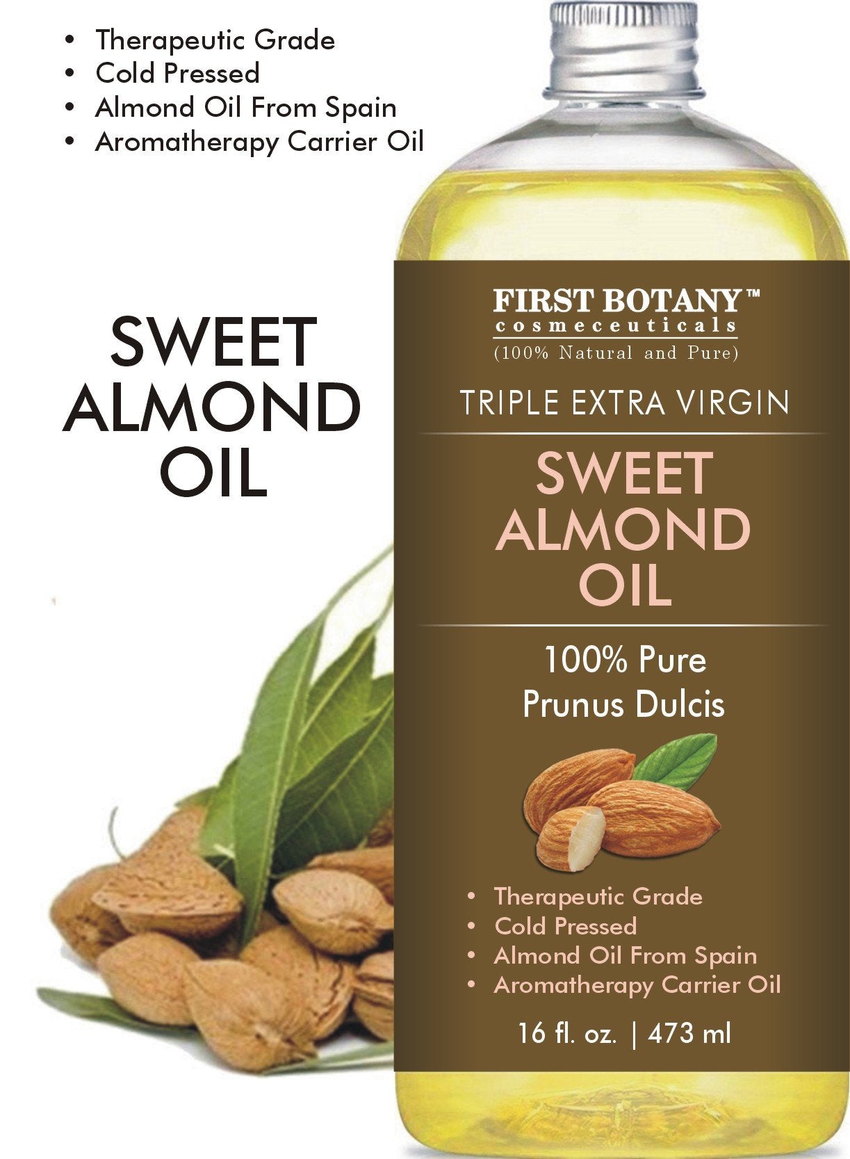 Cold Pressed Sweet Almond Oil - Triple Aaa+ Grade Quality, For Hair, For Skin And For Face, 100% Pure And Natural With Pump Disp