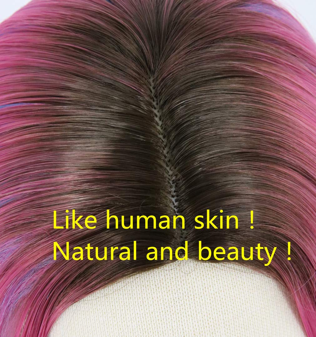 Topcosplay Kids Child Girls Wig Long Wavy Pink Mixed Blue Halloween Costume Party Wig Black Roots