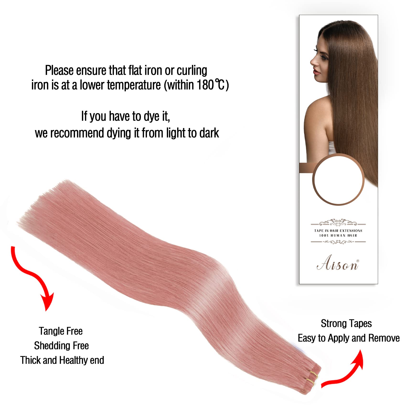 Aison Tape In Hair Extensions Pink 100% Remy Human Hair Extensions Silky Straight For Fashion Women 20 Pcs/Package(22Inch #Pink