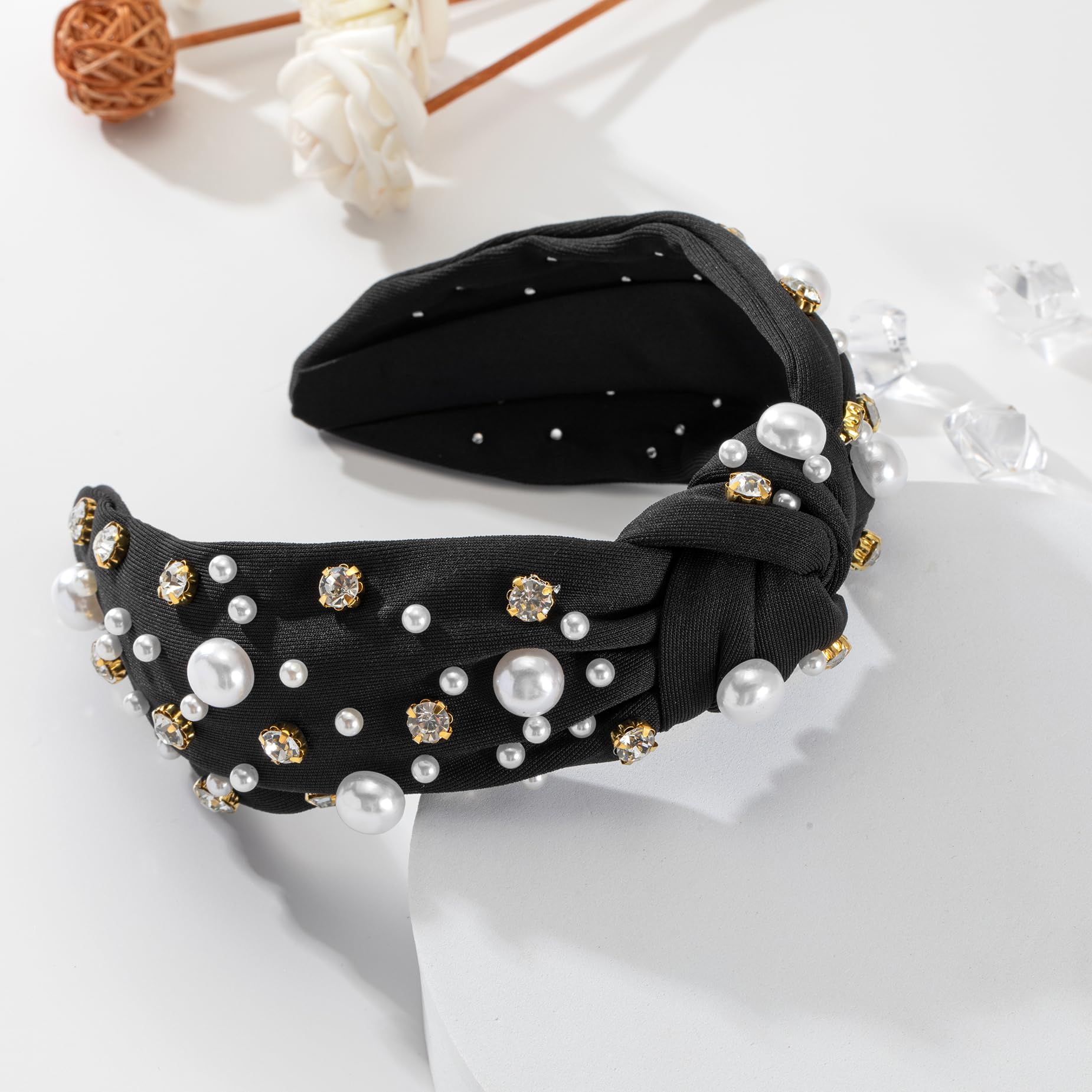 Pearl Knotted Jeweled Black Headband For Women Pearl Rhinestone Crystal Embellished Hairband Fashion Elegant Ladies Wide Top Kno