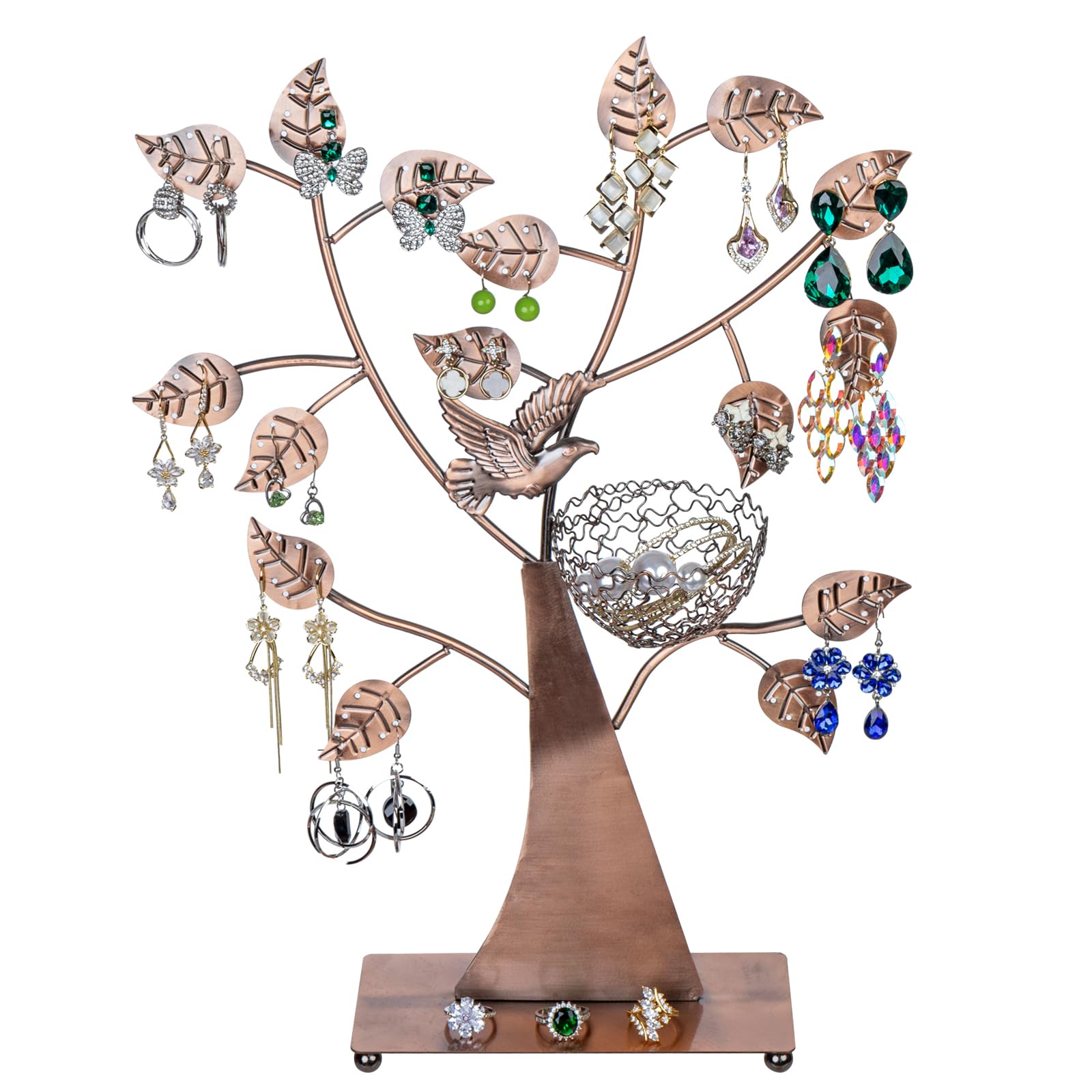 MyGift 14-Inch Modern Bronze Jewelry Organizer Tree with Bird Nest - Holds 48 Earrings, Necklace & Bracelet Stand, Metal Tableto