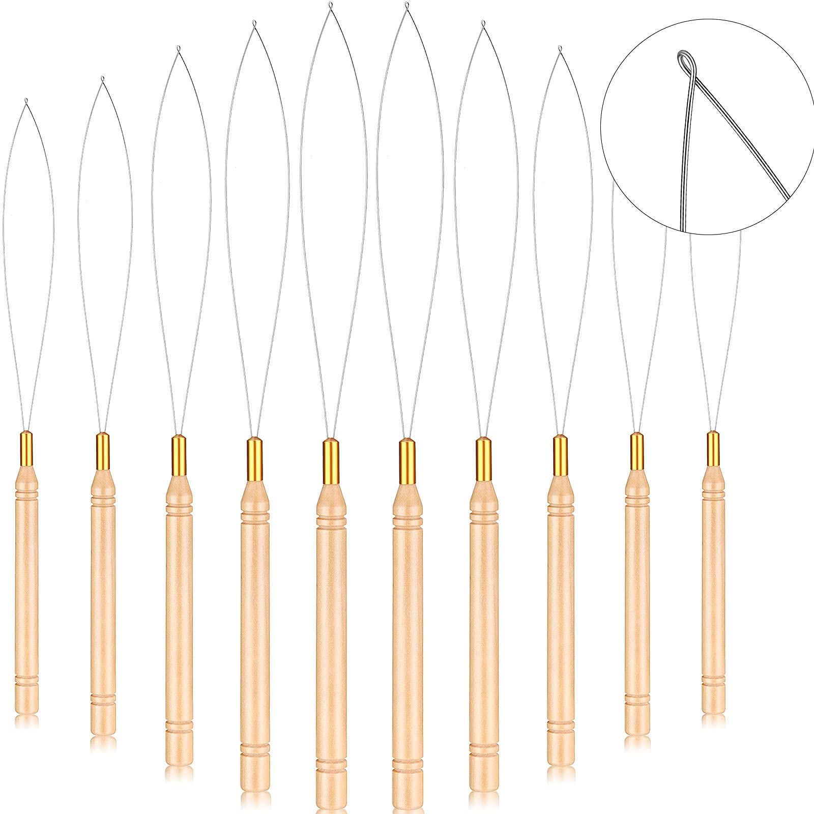 10 Pieces Wooden Hair Extension Loop Needle Kit Hair Extension Loop Tool Threader Wire Pulling Hook Tool and Bead Device Tool Bl