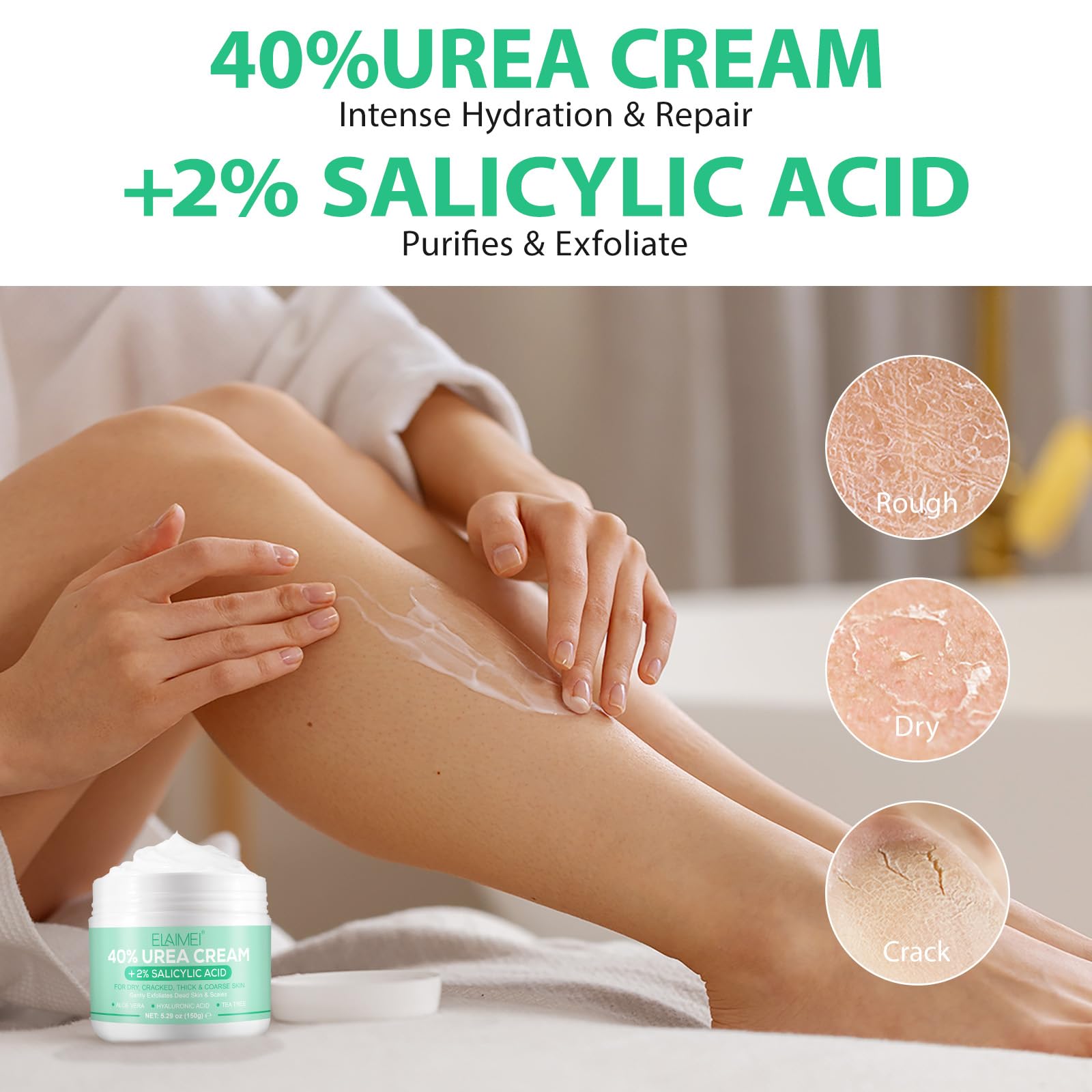 Urea Cream 40 Percent For Feet Maximum Strength,40% Urea Cream Plus 2% Salicylic Acid With Hyaluronic Acid,Tea Tree,And Aloe Ver