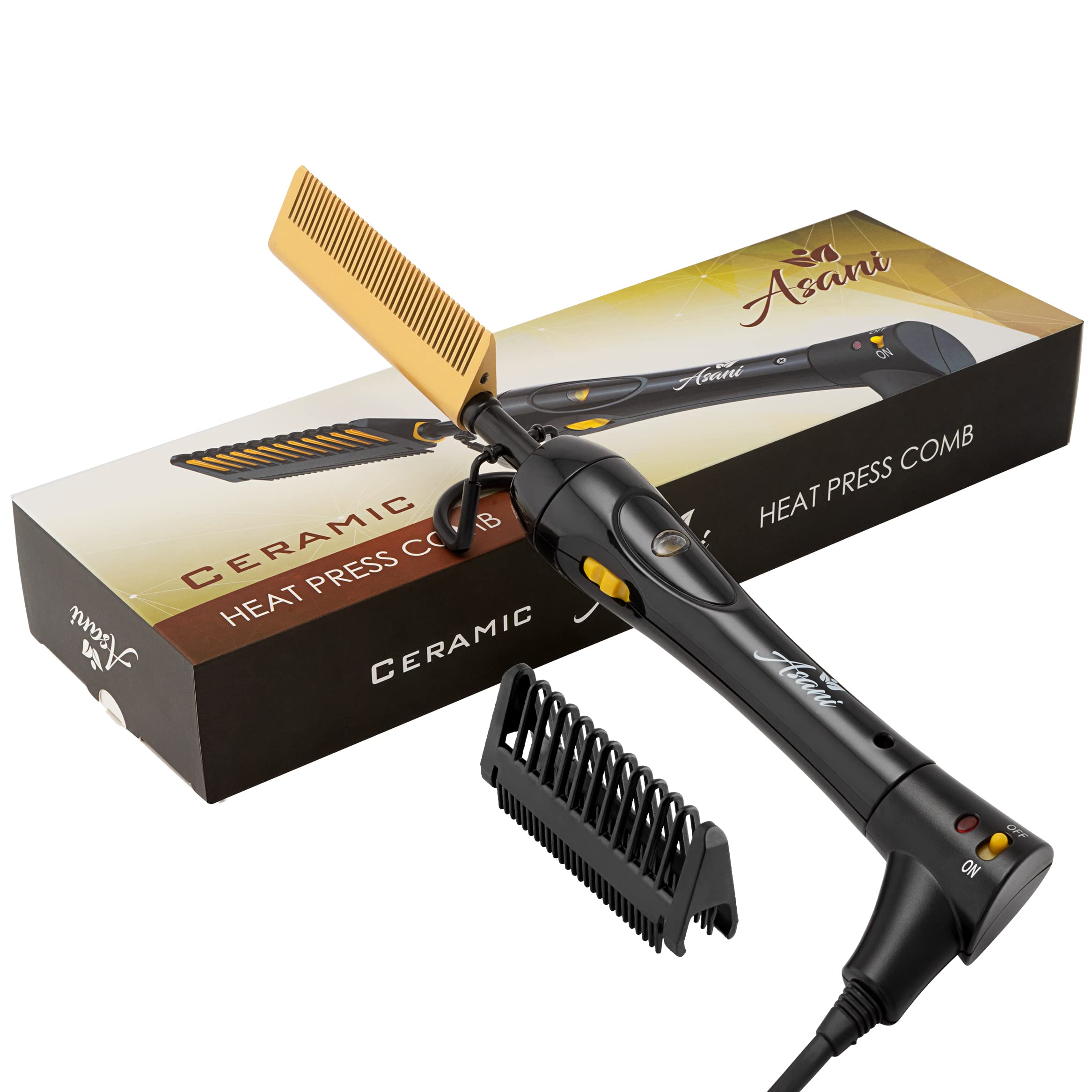 Asani Hair Straightener, Electric Hot Comb for Wigs & Natural Hair - Ceramic Coating with 7 Heat Levels & Anti-Frizz - Dual Volt