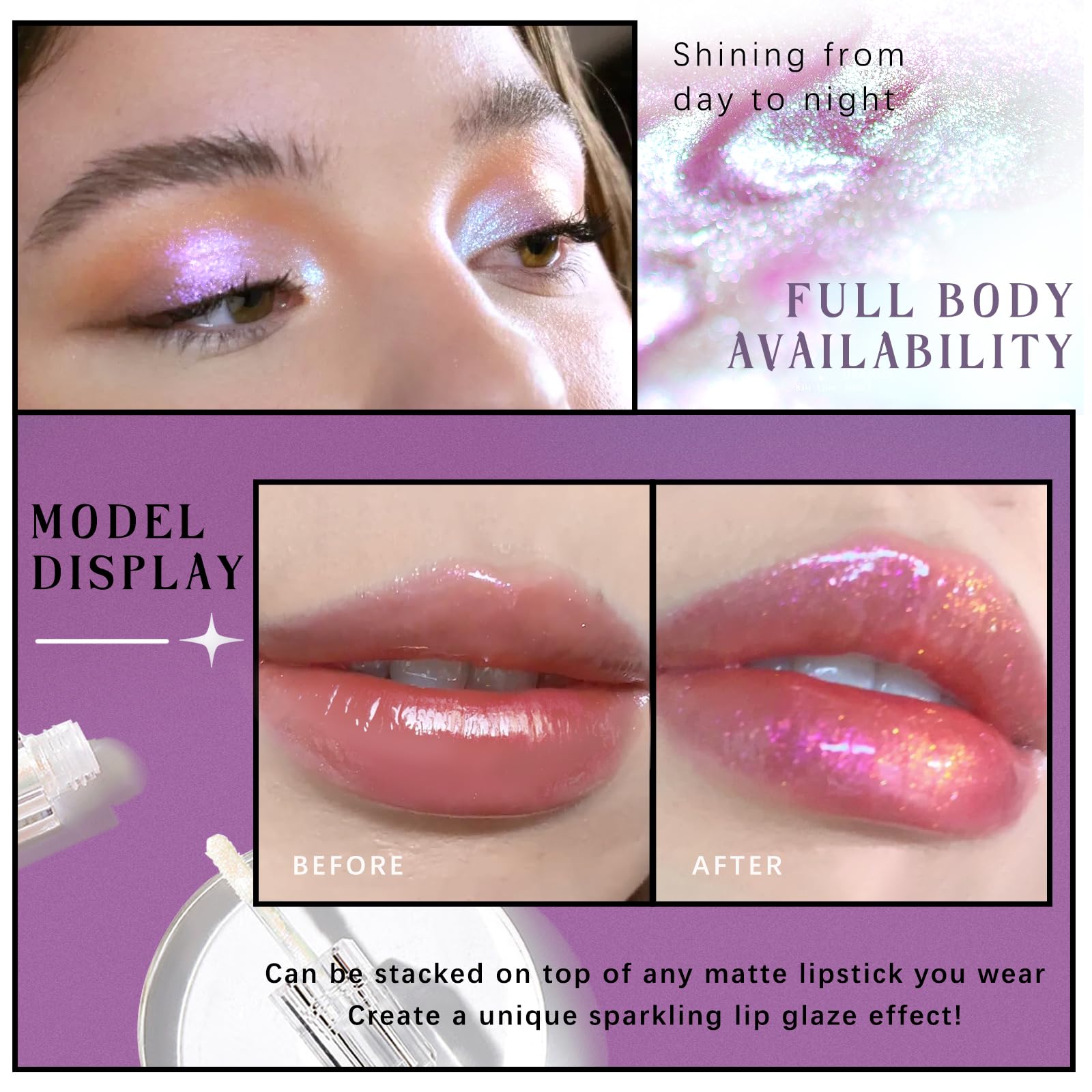 Hosaily Glitter Chameleon Liquid Lipsticks, Diamond Shimmer Glow Metallic Lip Gloss, Long Lasting Waterproof Shiny Glimmer Spark