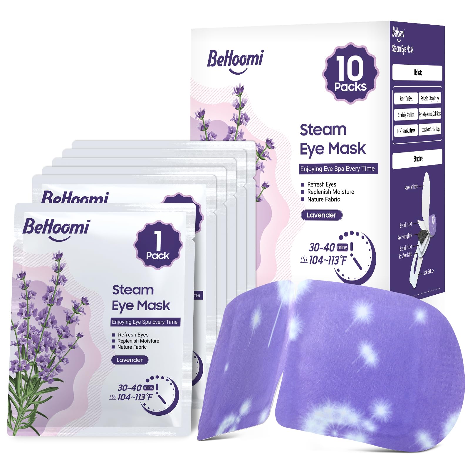 BeHoomi Steam Eye Mask - 10 Pack Heated Disposable SPA Warm Compress, Lavender Scent, Cotton, Travel Essentials & Relaxation Gifts
