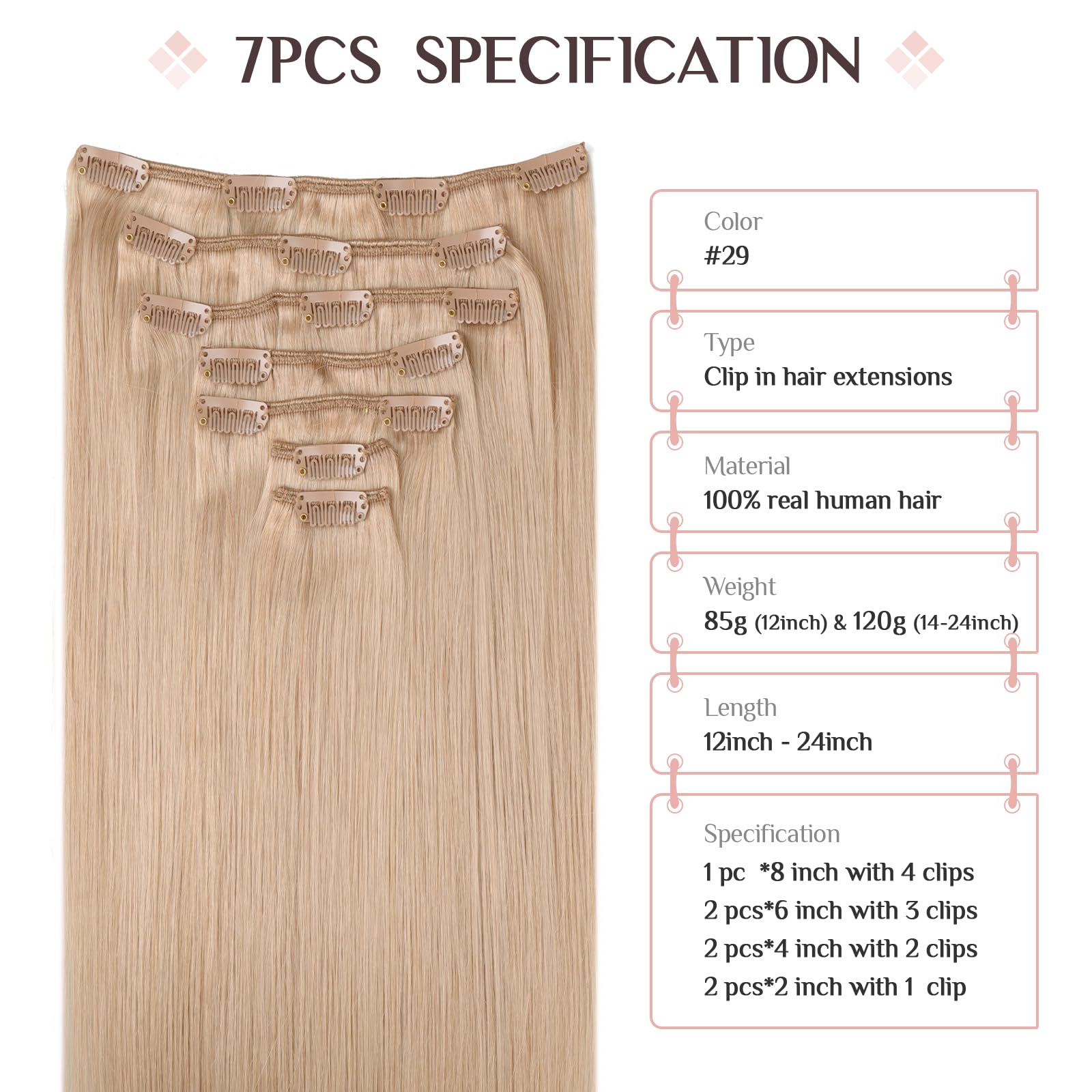 Maxita Hair Extensions Clip In Human Hair, 7Pcs 120G Pinky Dirty Blonde 14 Inch,Clip In Hair Extensions Real Human Hair Extensio