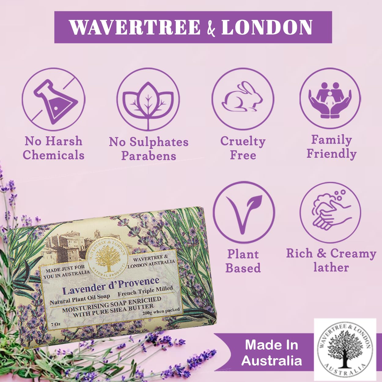 Wavertree & London Lavender Scented Natural Soap (2 Bars), 7Oz Moisturizing French Triple Milled Soap Bars Enriched With Shea Bu