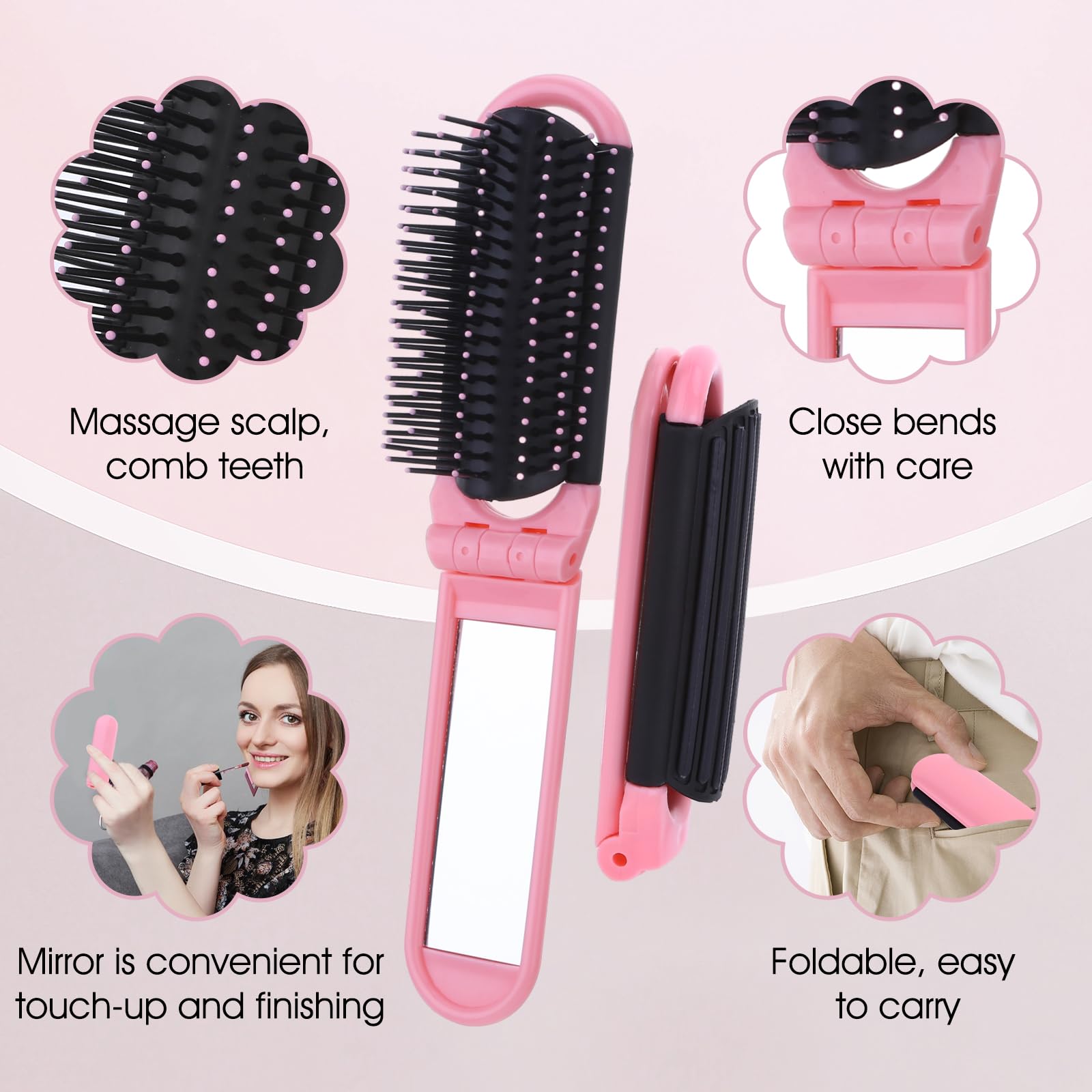 DIVINA VITAE Travel Compact Hair Brush & Mirror Set - 2 PCS Mini Folding Comb, Pink/Black, Plastic, Model 559584