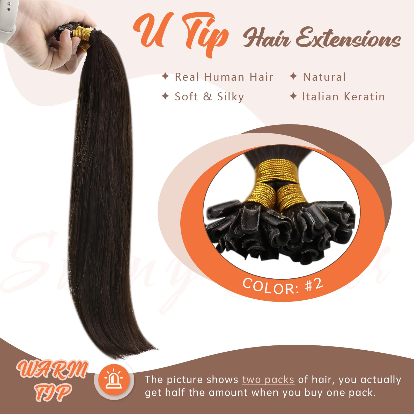 Sunny Keratin Hair Extensions Dark Brown 50G Pre Bonded U Tip Hair Extensions Color #2 Dark Brown Keratin Hair Extensions Human