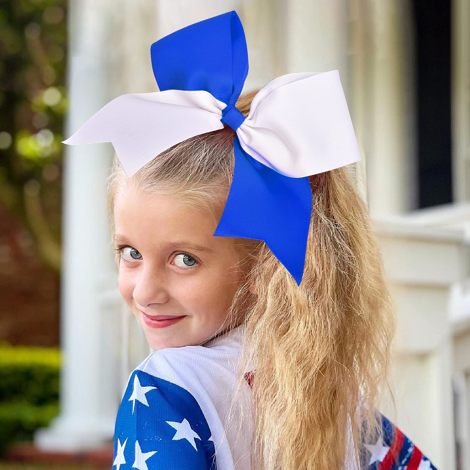 8'' Large Cheer Bows Ponytail Holder 12Pcs Girls Elastic Hair Ties Navy White Accessories For Women Youth Toddler Football Compe