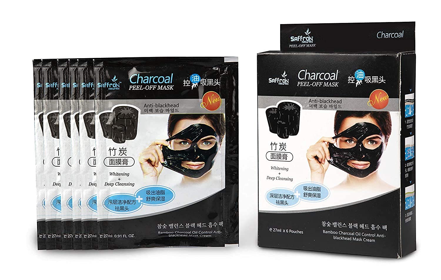 Charcoal Peel Off Face Mask For Men & Women Deep Cleansing Blackhead Remover Oil Control & Skin Whitening 6 Pouch Pack (27Ml Eac