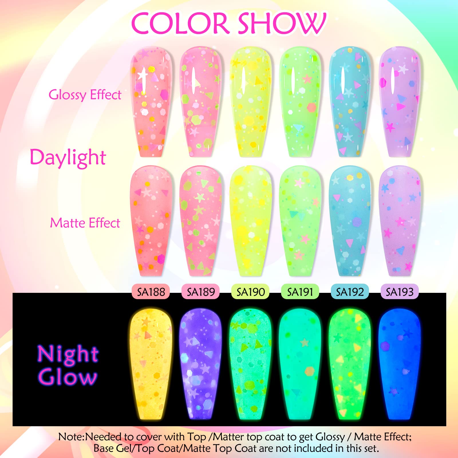 Meet Across 6 Colors Candy Luminous Gel Nail Polish Set, Glow In Dark Nail Gel Polish With Nail Brush, Cute Luminous Gel Nail Po