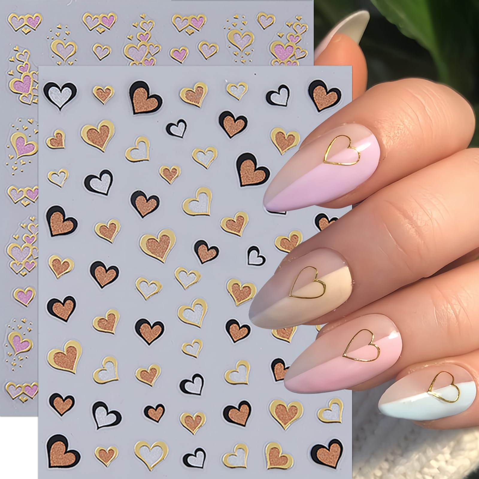 6Pcs Heart Nail Art Stickers 3D Self Adhesive Heart Love Nail Decals Pink Black Brown Gold Cute Hollow Out Heart Nail Design Nai
