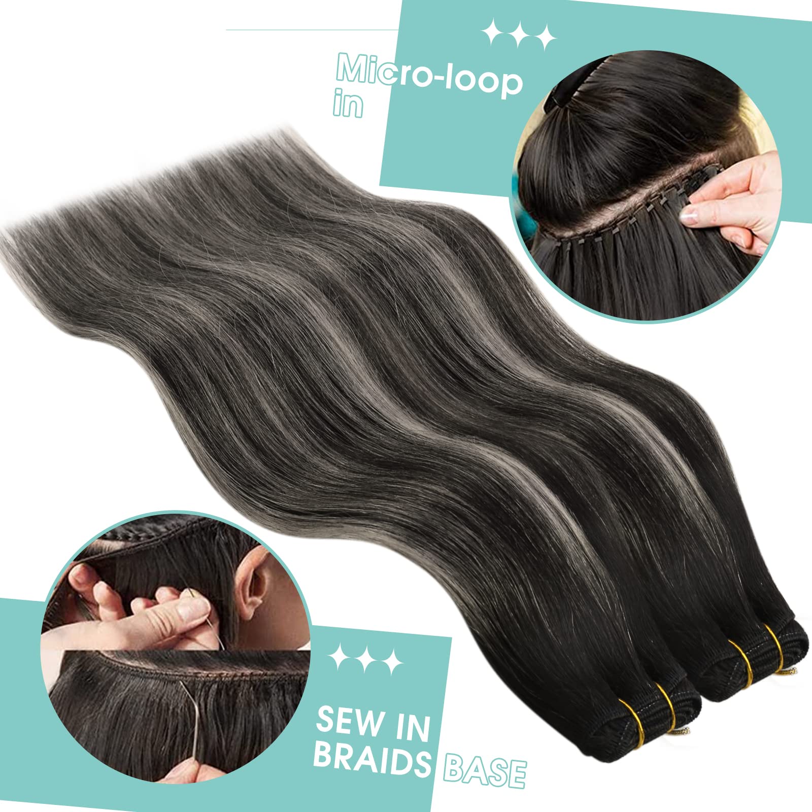 YoungSee 100G Weft Hair Extensions Human Hair Ombre Black Sew in Real Hair Extensions Blend of Black and Silver with Black Roots