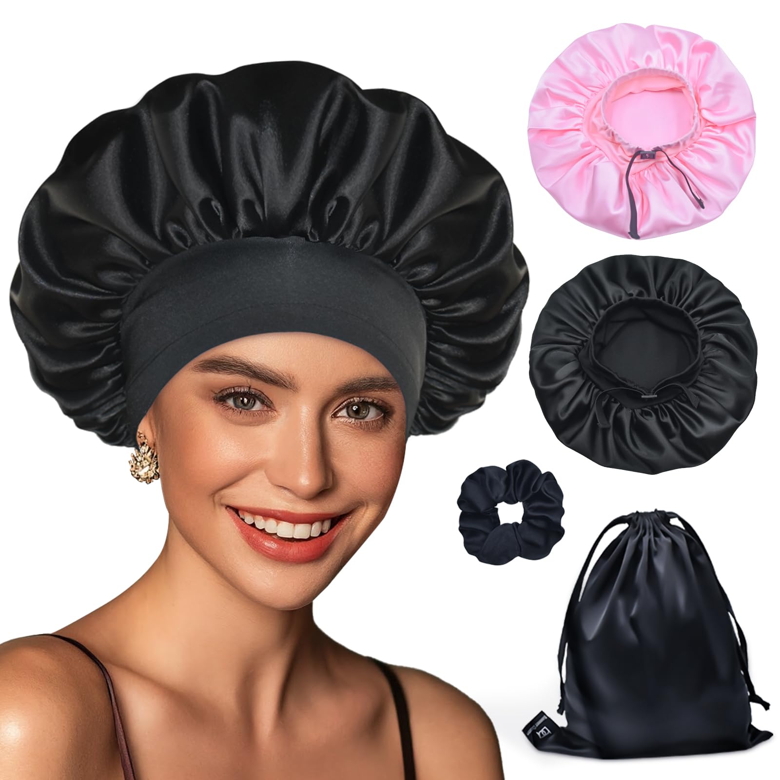 BONNET QUEEN Silk Bonnet Satin Bonnet, Hair Bonnet for Sleeping Elastic Wide Band Adjustable Satin Sleep Cap Hair Wrap for Women
