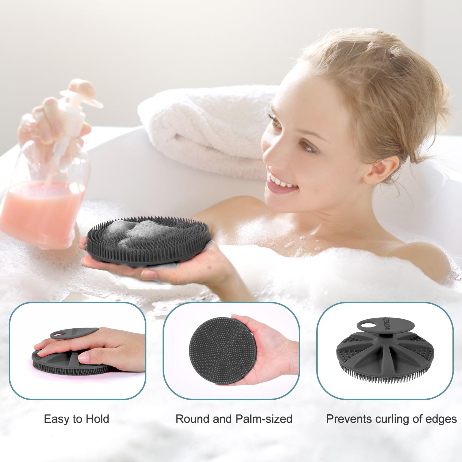 Innerneed Food-Grade Soft Silicone Body Scrubber Shower Brush Handheld Cleansing Skin Brush, Gentle Exfoliating And Lather Well