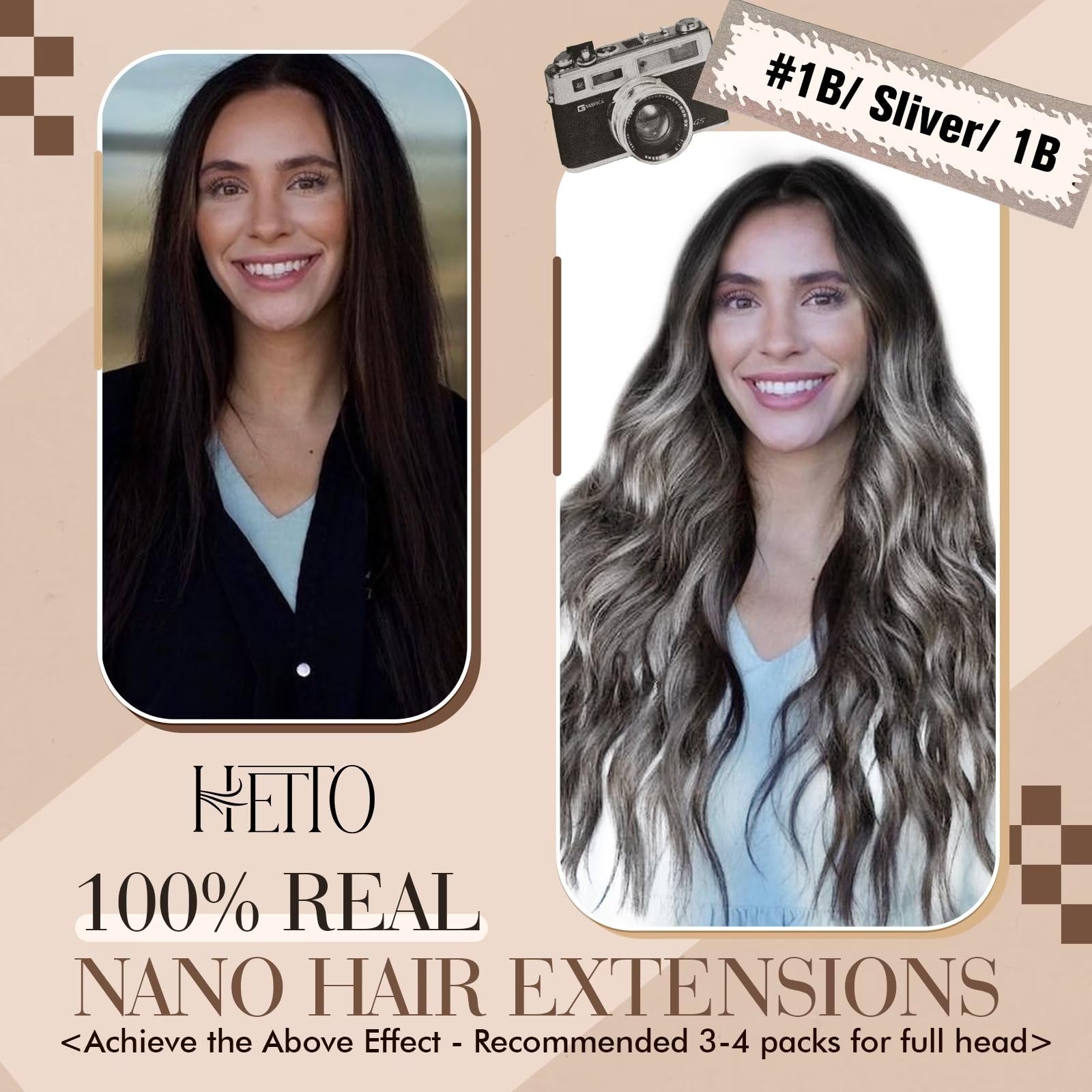 Hetto Nano Bead Hair Extensions Human Hair Nano Ring Hair Extensions Silver Balayage Black Nano Hair Extensions Real Human Hair